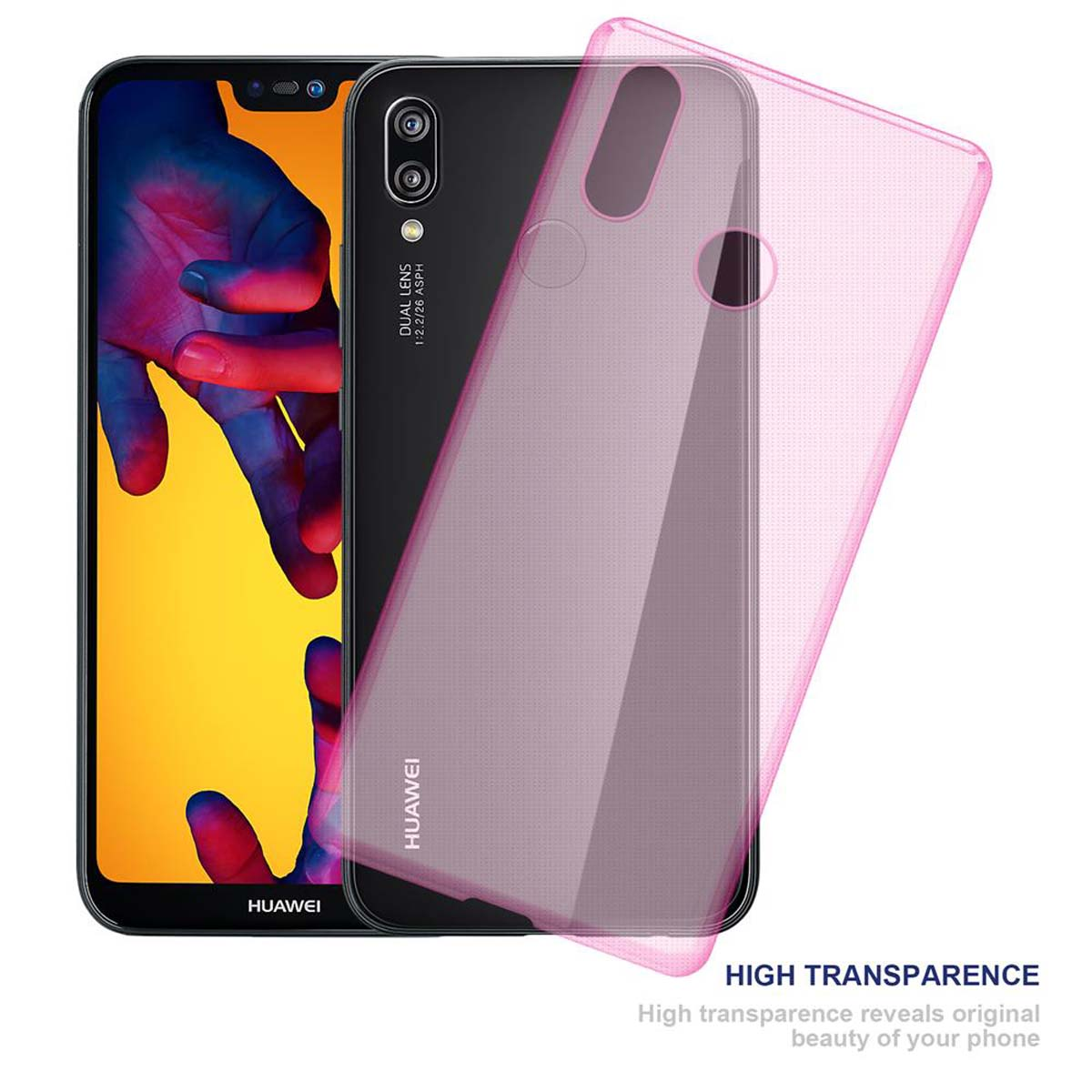 Un telefono Huawei con una custodia trasparente rosa. Lo schermo del telefono è acceso.
