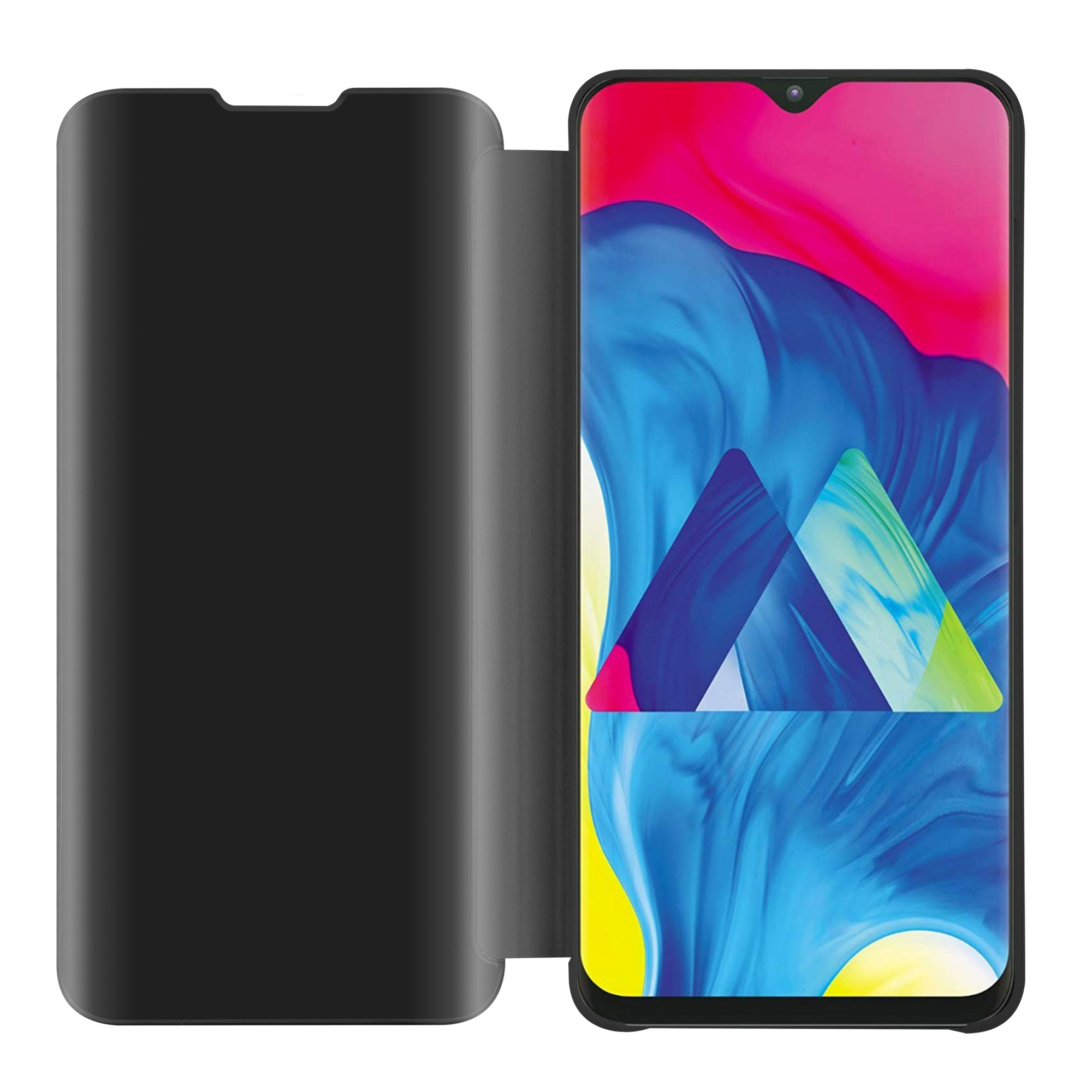 Schermo del telefono nero con design blu e viola, cover nera aperta, sfondo bianco.