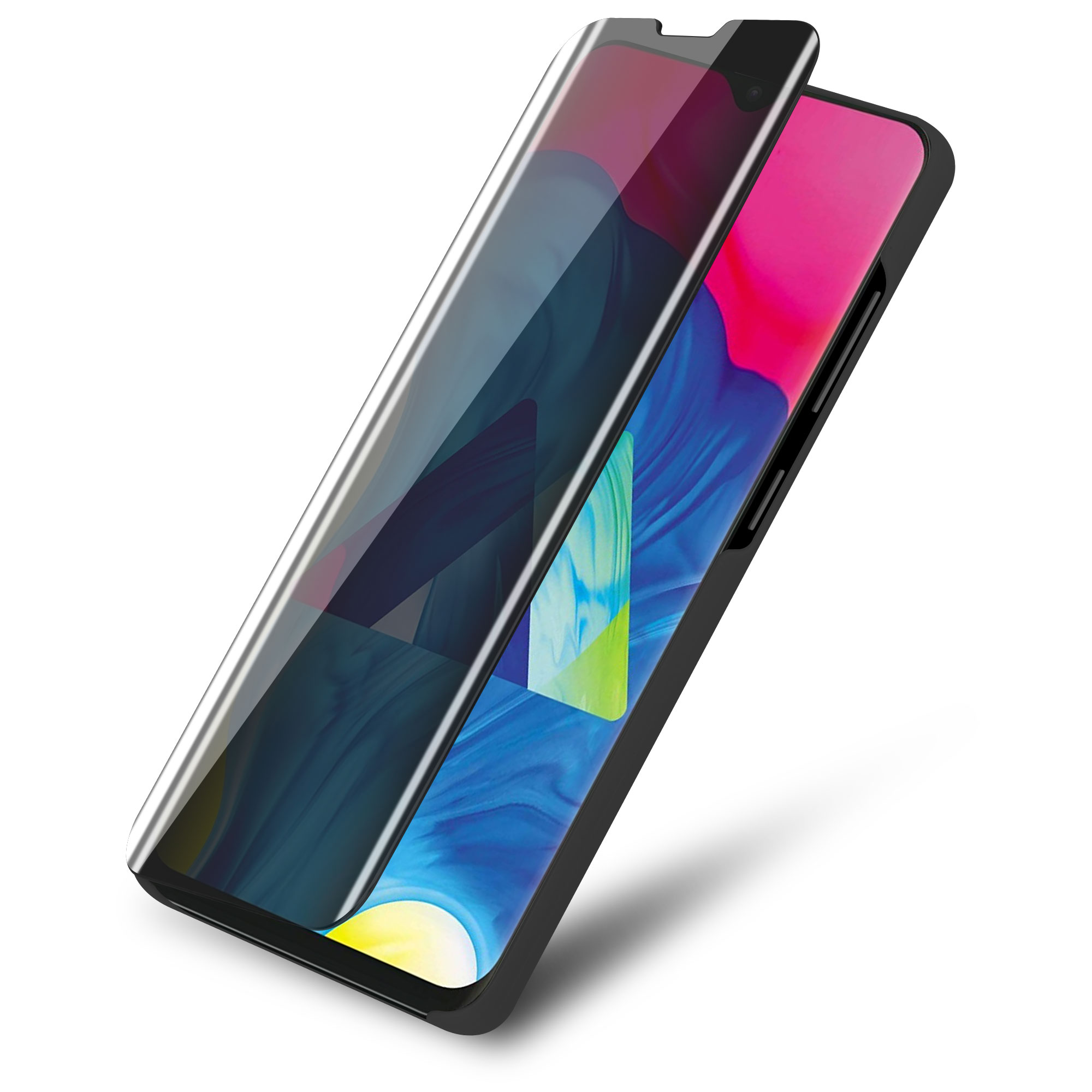 Telefono con protezione schermo, cornice nera. Protezione parzialmente aperta, mostra schermo rosa e blu.