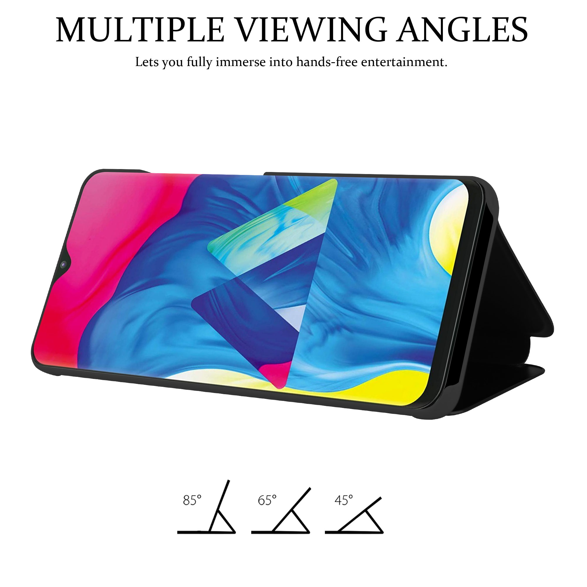 Custodia per telefono con più angoli di visualizzazione, con un telefono con uno sfondo colorato.