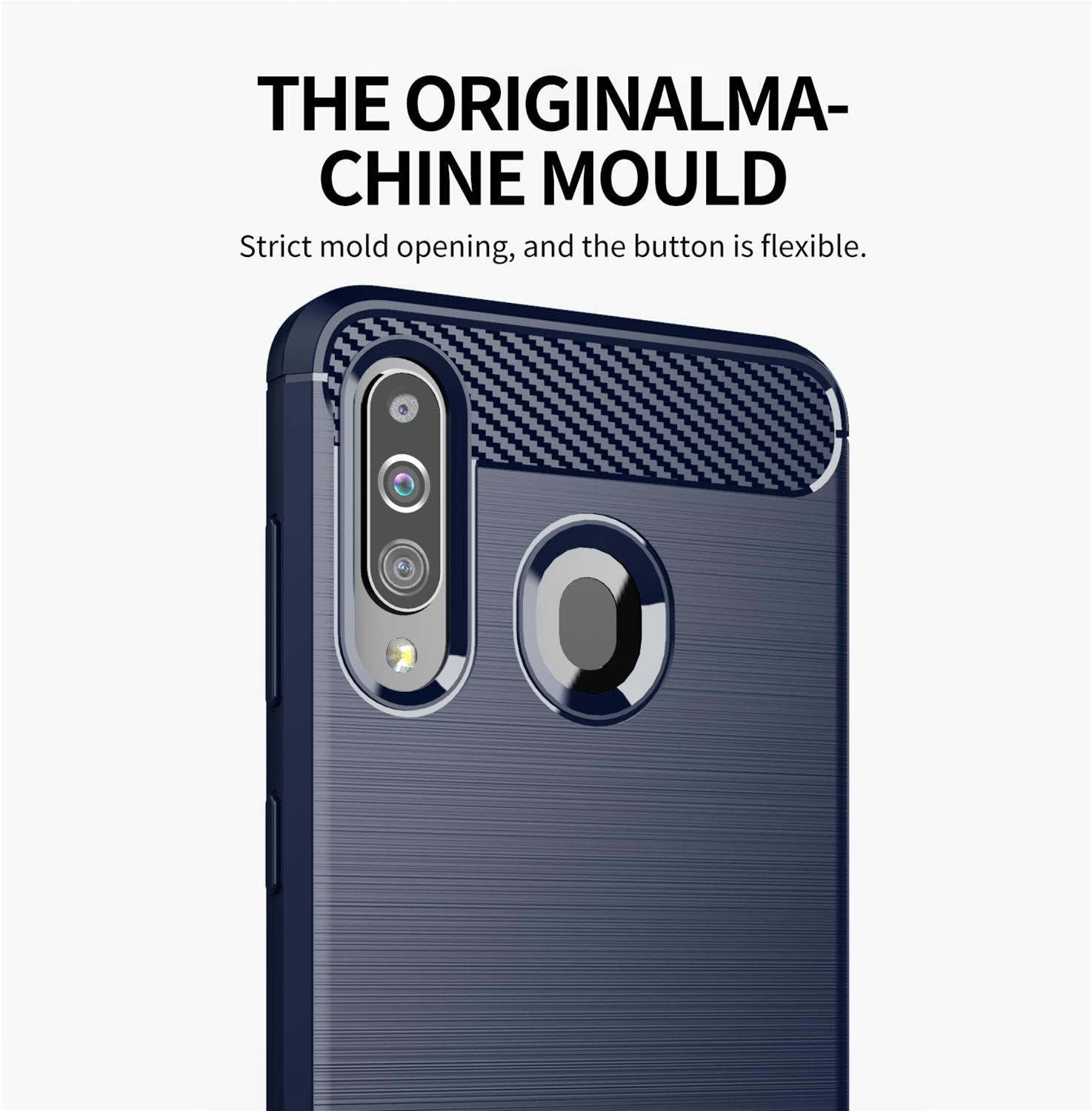 Custodia per telefono blu scuro. Primo piano del retro, che mostra la fotocamera e il logo. Sfondo bianco.