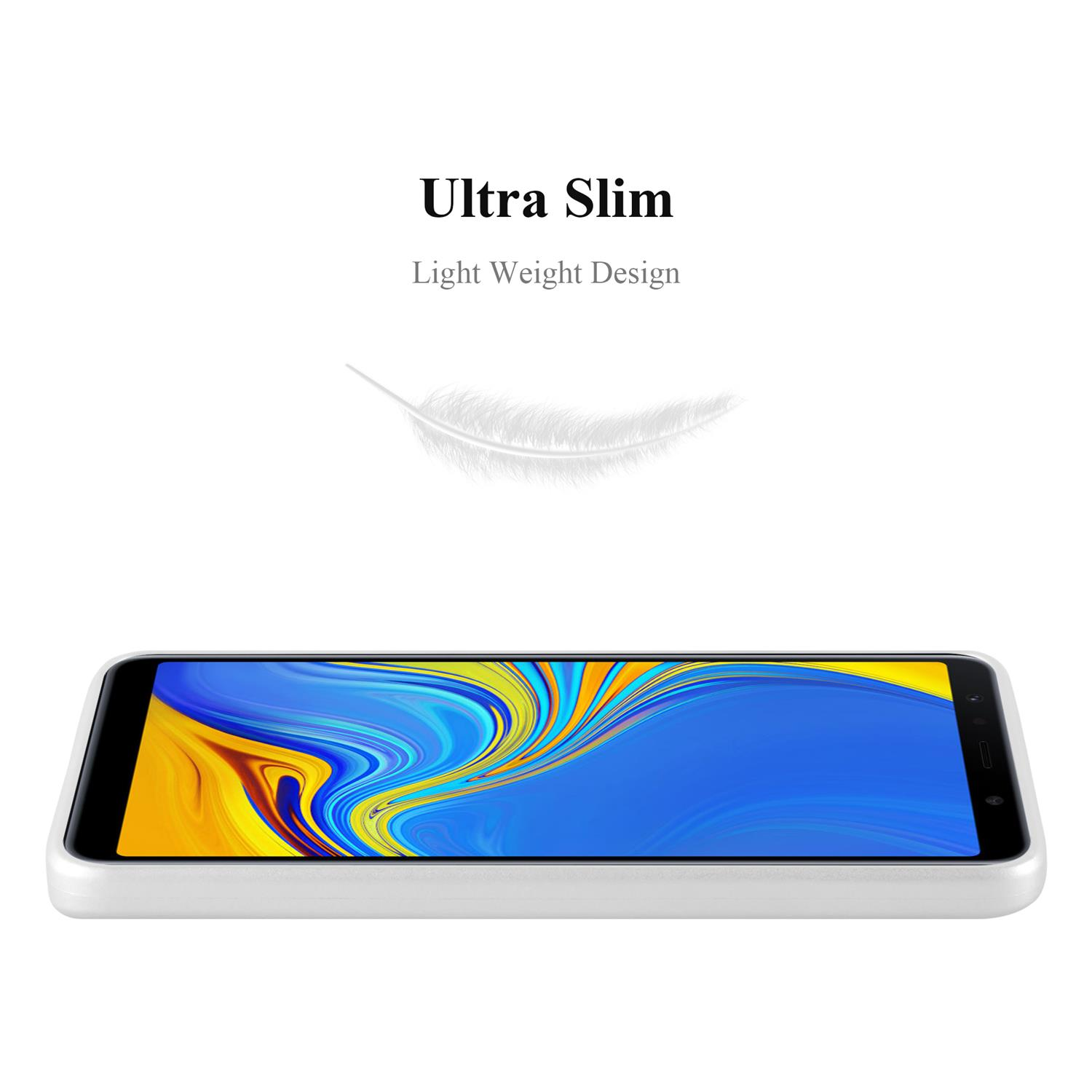 Handyhülle mit Telefon darin. Die Hülle ist weiß und das Telefon hat schwarze Ränder. Feder oben.