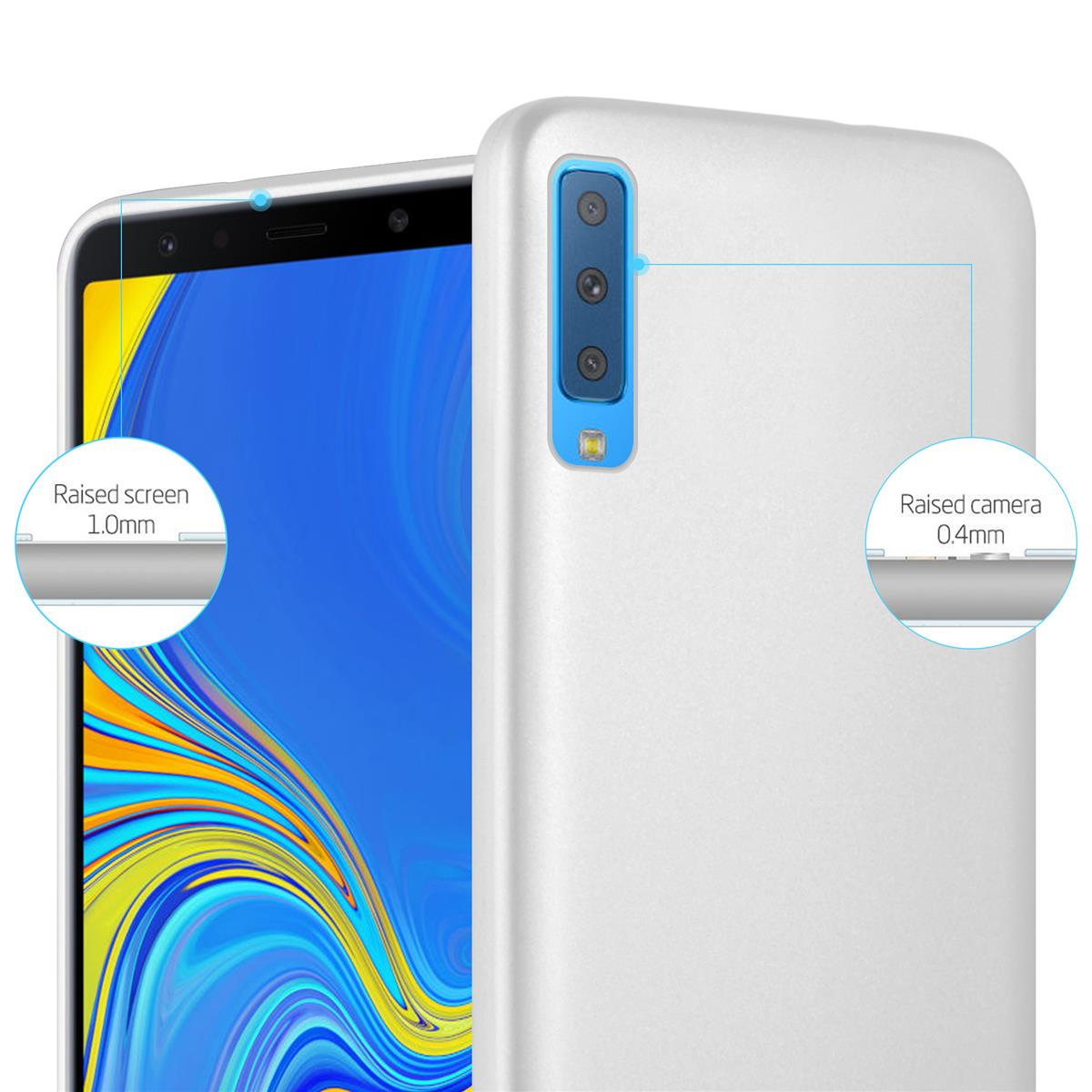 Weißes Handycase, Nahaufnahme der Kamera und des Bildschirms. Textlabels Bildschirm und Kamera.