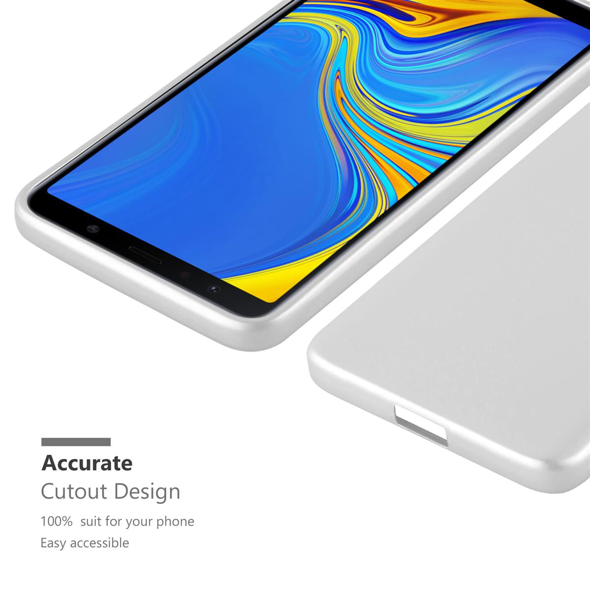 Telefon und Hülle. Nahaufnahme der Handyhülle. Text: Accurate Cutout Design, 100% passend für Ihr Telefon.