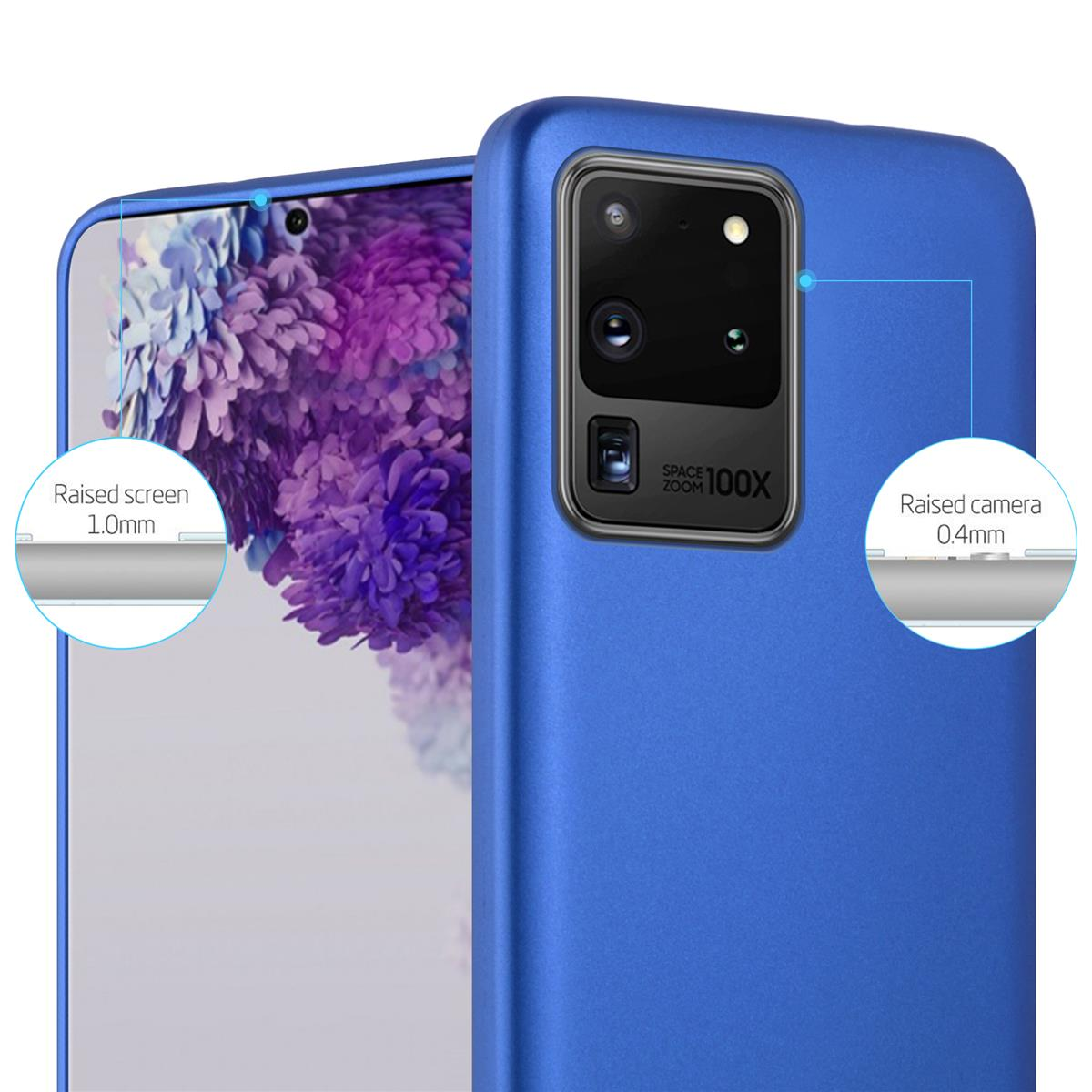 Un telefono con una custodia blu. Primo piano mostra i dettagli dello schermo e della fotocamera rialzati. Sfondo blu.