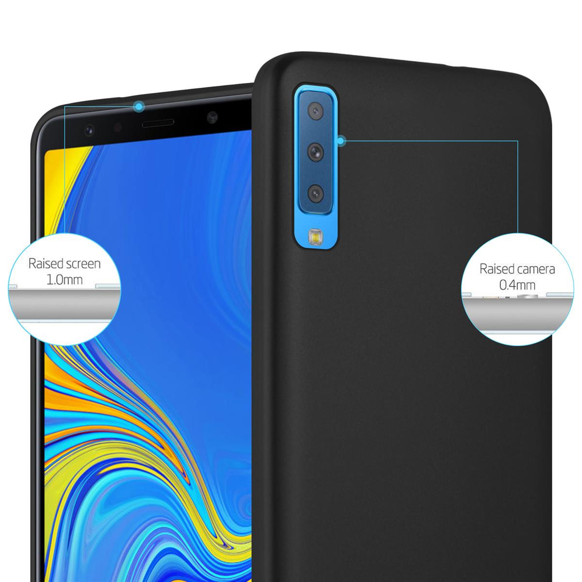 Schwarzes Telefon mit erhöhtem Bildschirm und Kamera, weiße Details. Blaue Details zeigen erhöhte Teile.