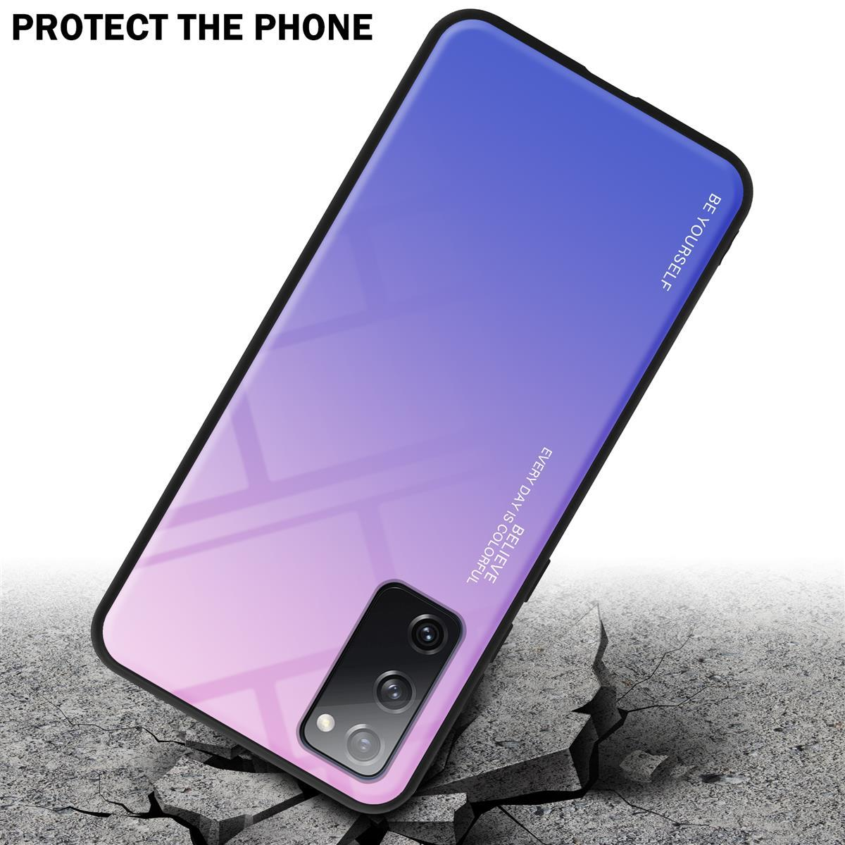Custodia per telefono sfumata viola su cemento crepato. Testo: Proteggi il telefono. Sii te stesso, credi.