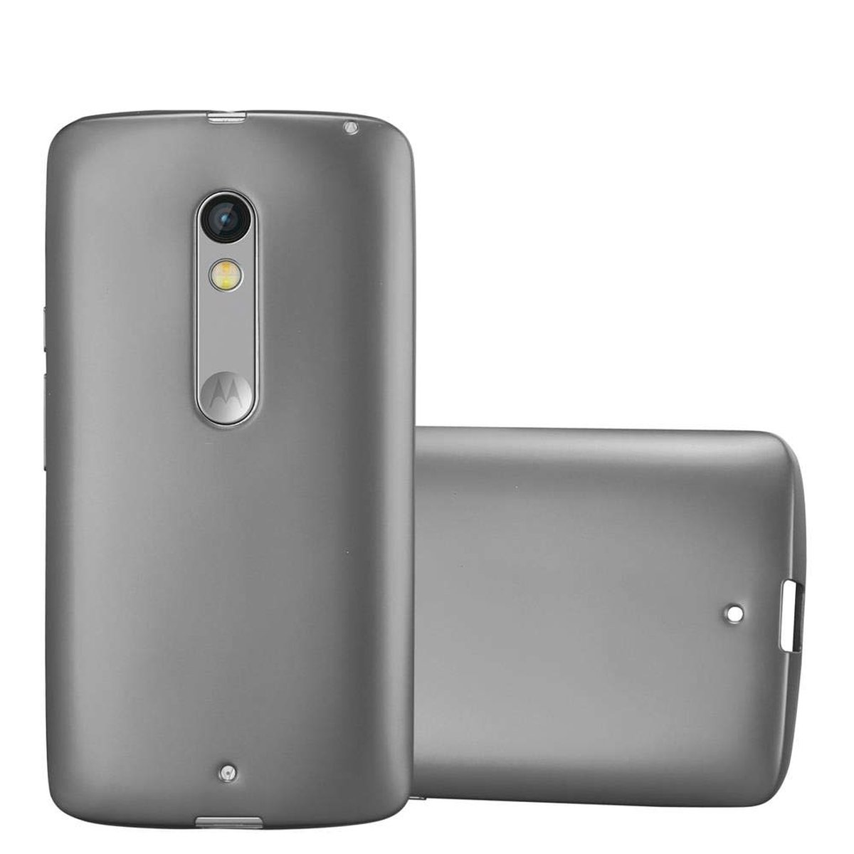 Zwei graue Telefone. Ein Telefon zeigt die Rückseite, das andere die Seite des Telefons.