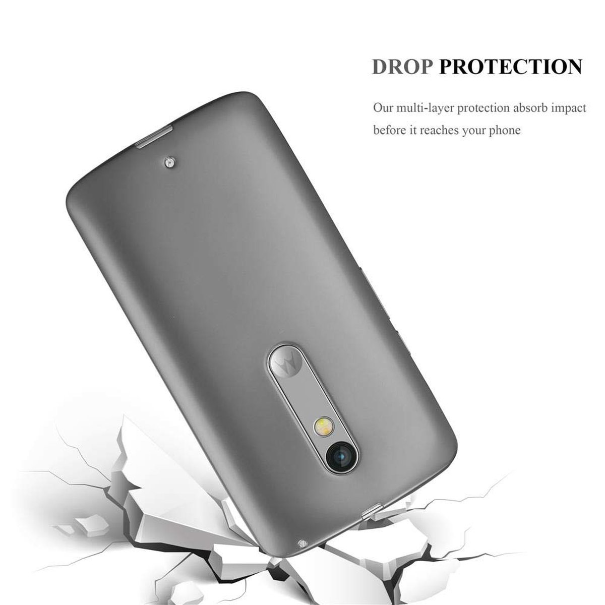 Ein graues Telefon fällt auf zerbrochene weiße Blöcke. Text: DROP PROTECTION. Unser Mehrschichtschutz absorbiert Stöße.