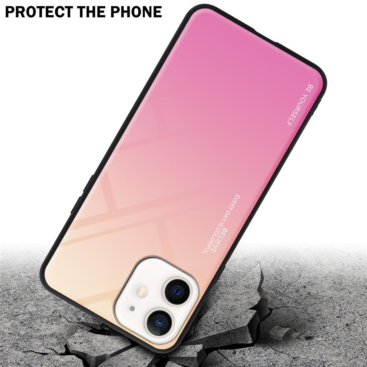 Telefono con custodia sfumata rosa-gialla su una superficie con crepe. Il testo recita 'Protect The Phone'.