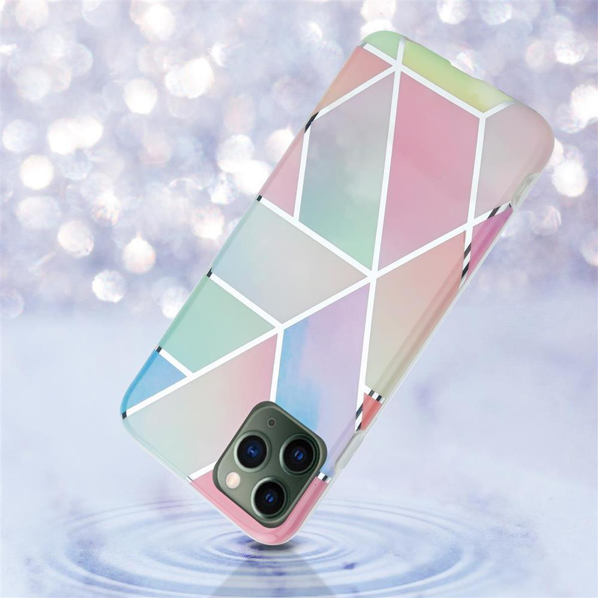 Una custodia colorata per telefono con un design geometrico su uno sfondo sfocato.