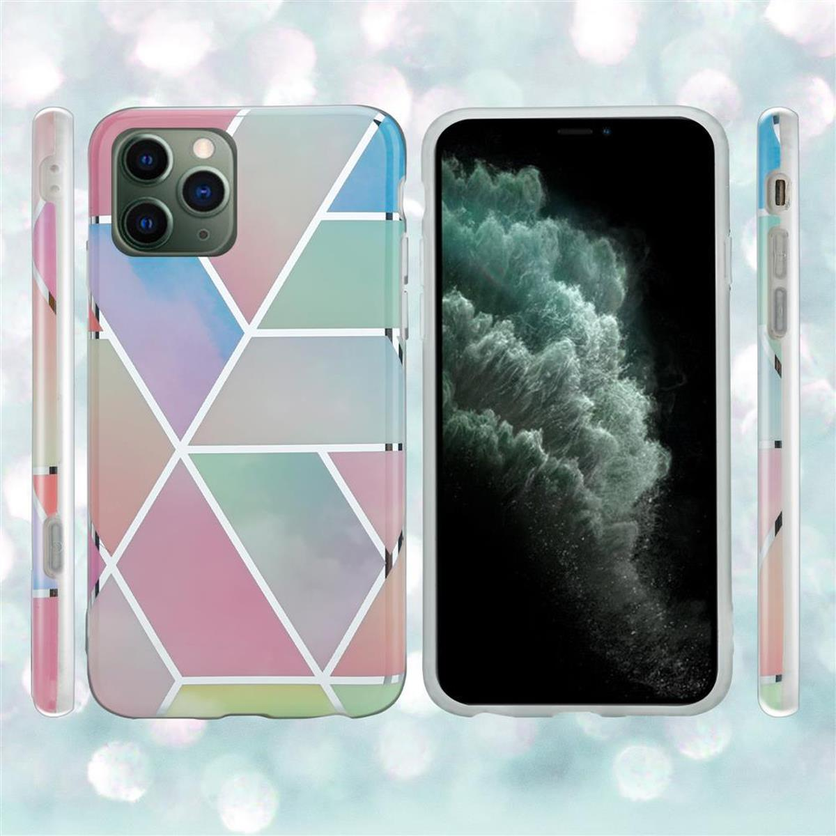 Custodia per iPhone con motivo geometrico pastello. Telefono a destra. Lati visibili con il motivo della custodia.