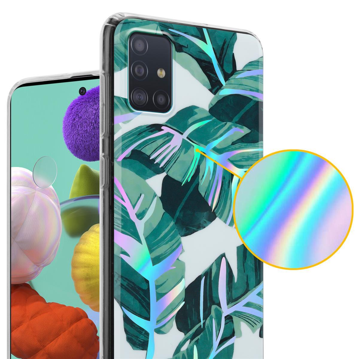 Custodia con design a foglie verdi e telefono con oggetto viola.