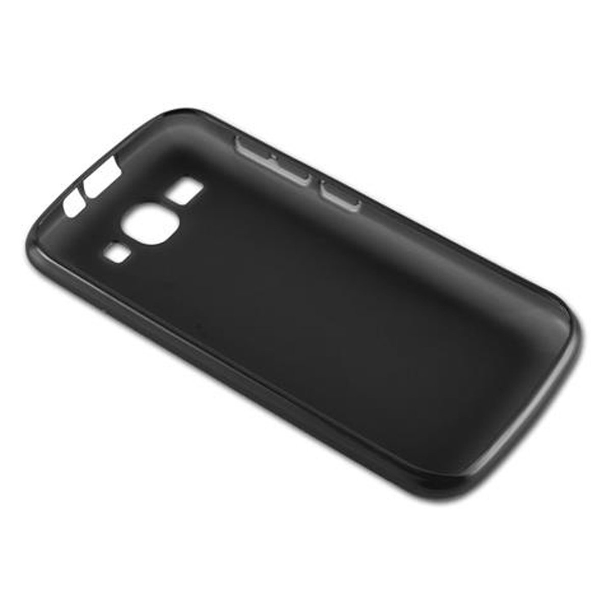 Una custodia per telefono nera. Ha aperture per la fotocamera, i pulsanti e il caricabatterie. Lo sfondo è bianco.