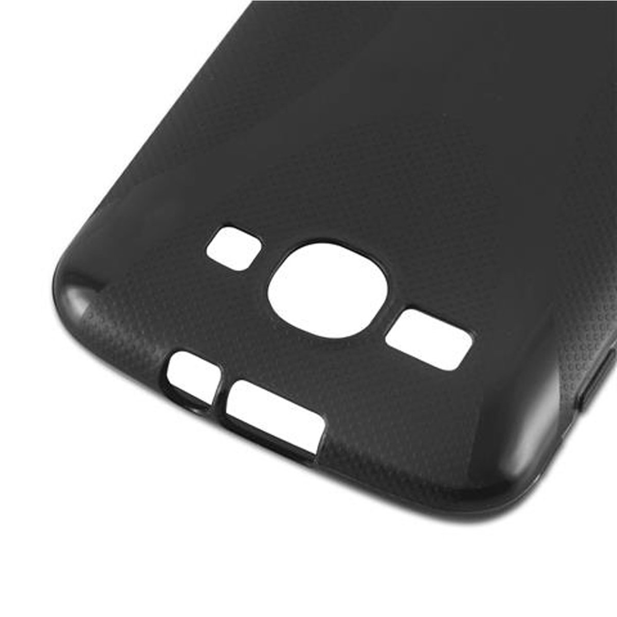 Primo piano di una custodia per telefono nera con tre sezioni ritagliate.