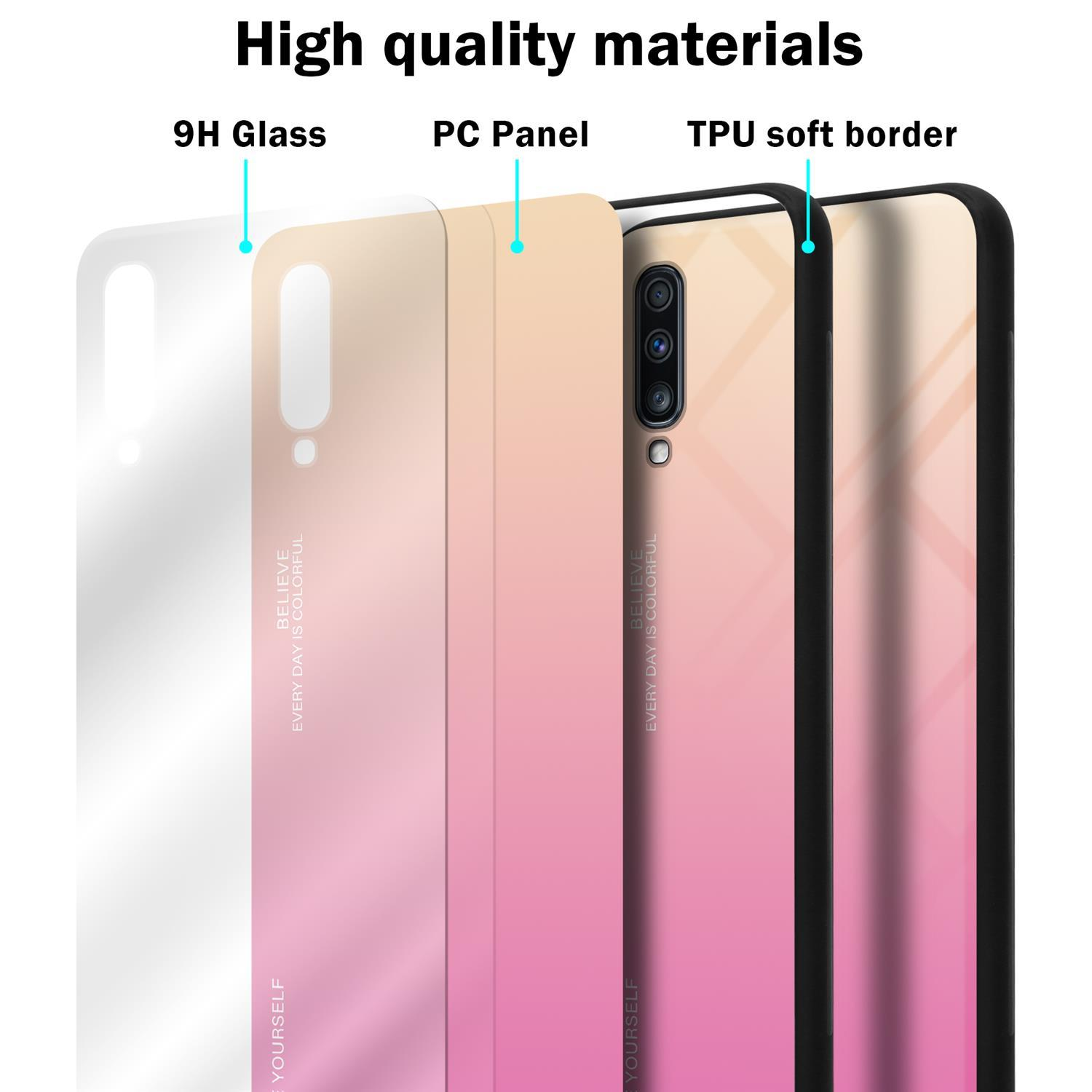 Diagramma degli strati della custodia del telefono: vetro 9H, pannello PC e bordo in TPU. Testo: Materiali di alta qualità.