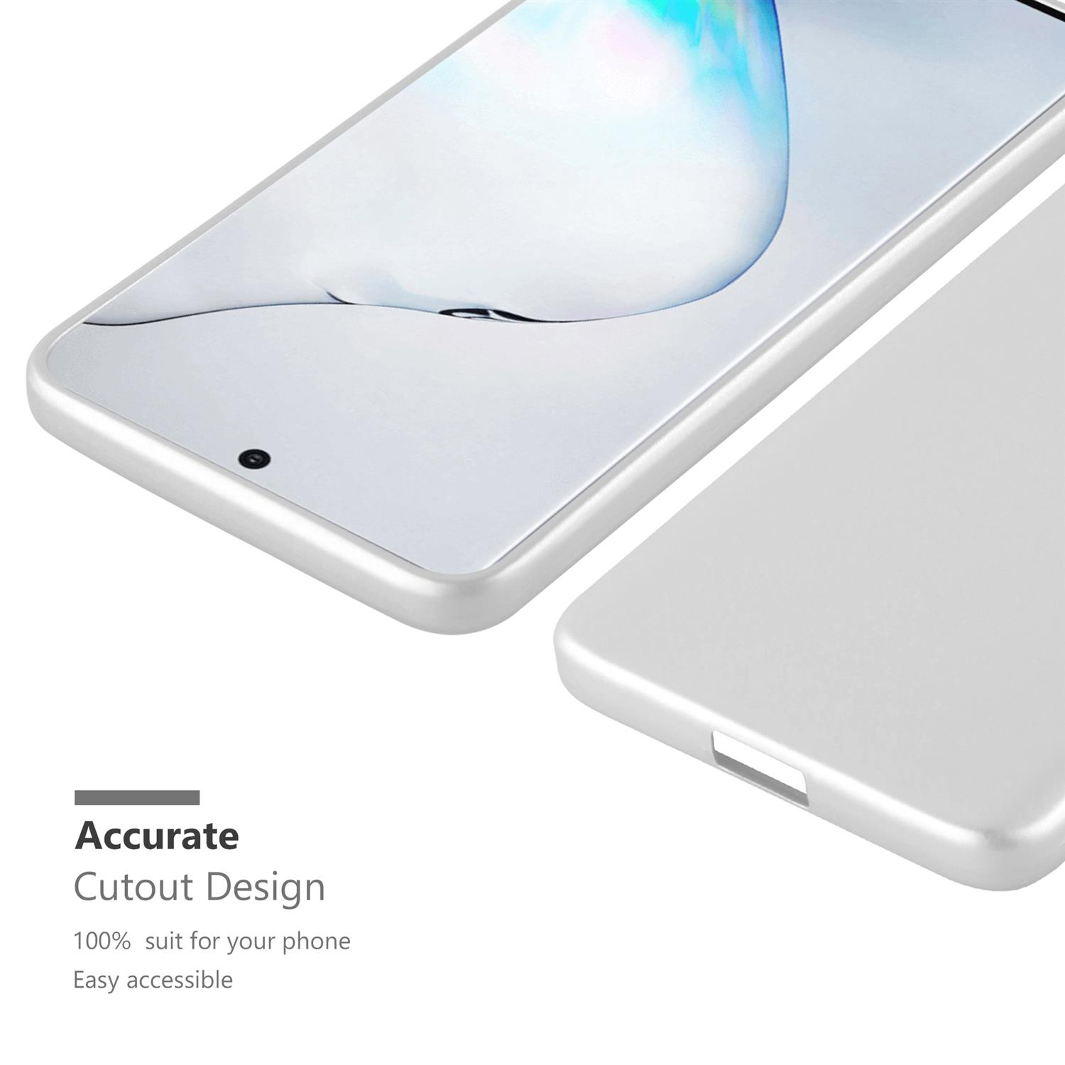 Una custodia per telefono argentata con le parole "Accurate Cutout Design".