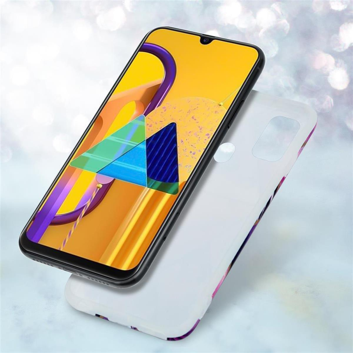 Telefono con custodia a fantasia. Il telefono ha una cornice nera e uno schermo con un design geometrico colorato.
