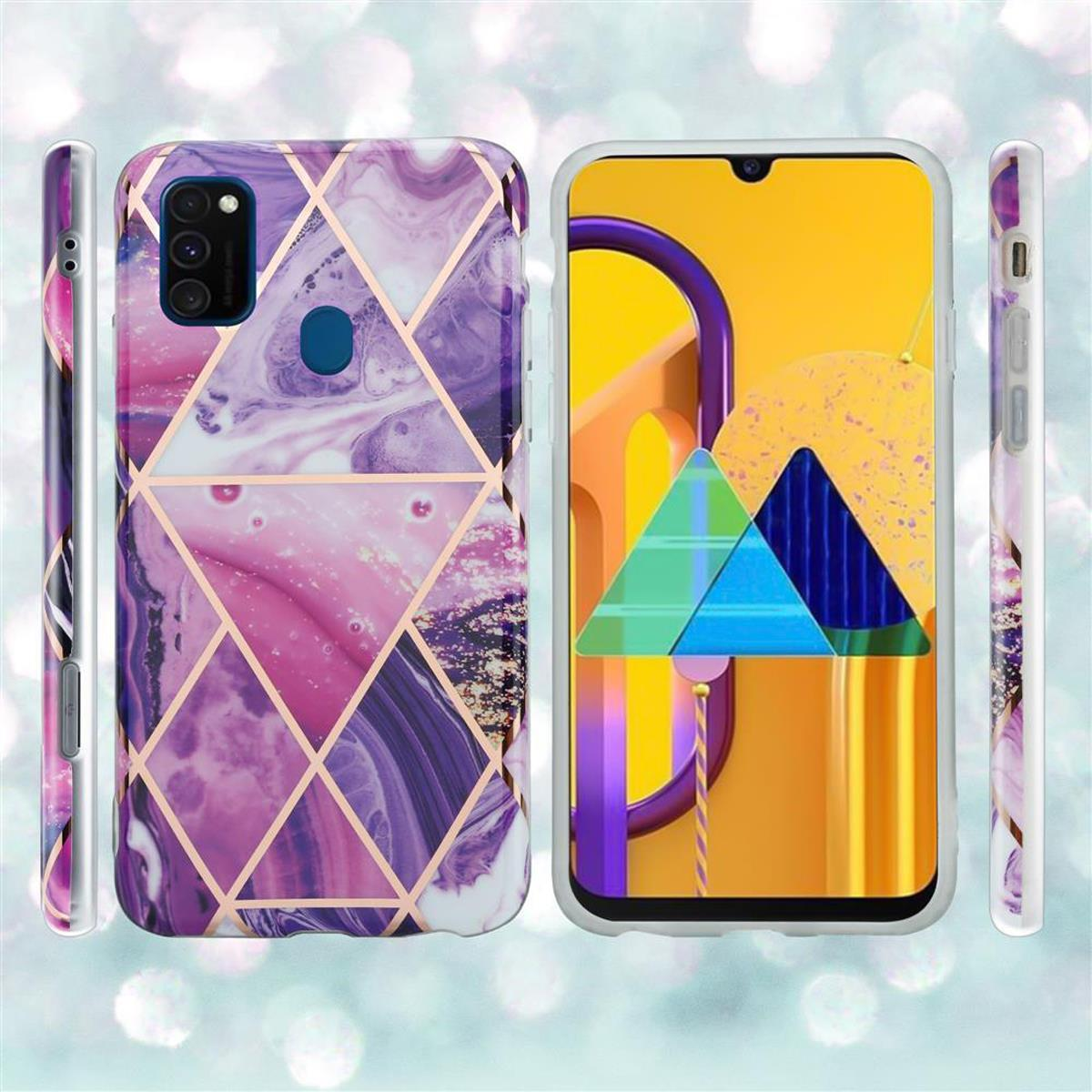Telefono con custodia a fantasia marmorea. Tonalità viola, rosa e oro sul lato.