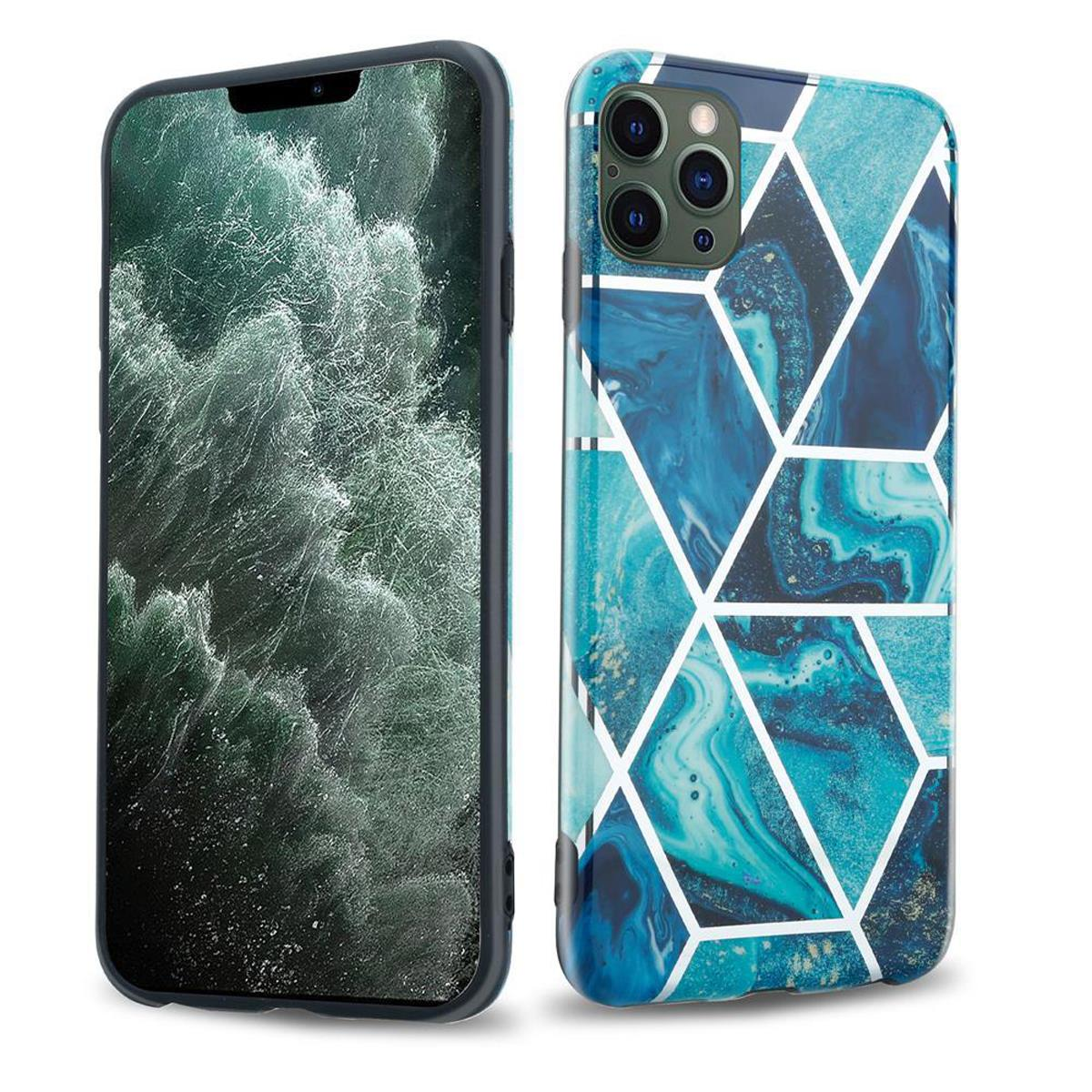 Zwei Telefone, eines mit einer Hülle mit marmorähnlichem Design, das andere mit dem Bildschirm des Telefons.