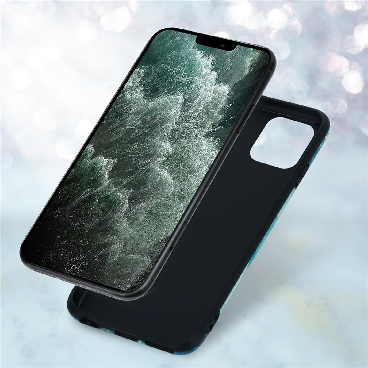 Ein Telefon auf dem Gehäuse. Der Telefonbildschirm zeigt eine Wasserszene. Das Gehäuse ist schwarz.