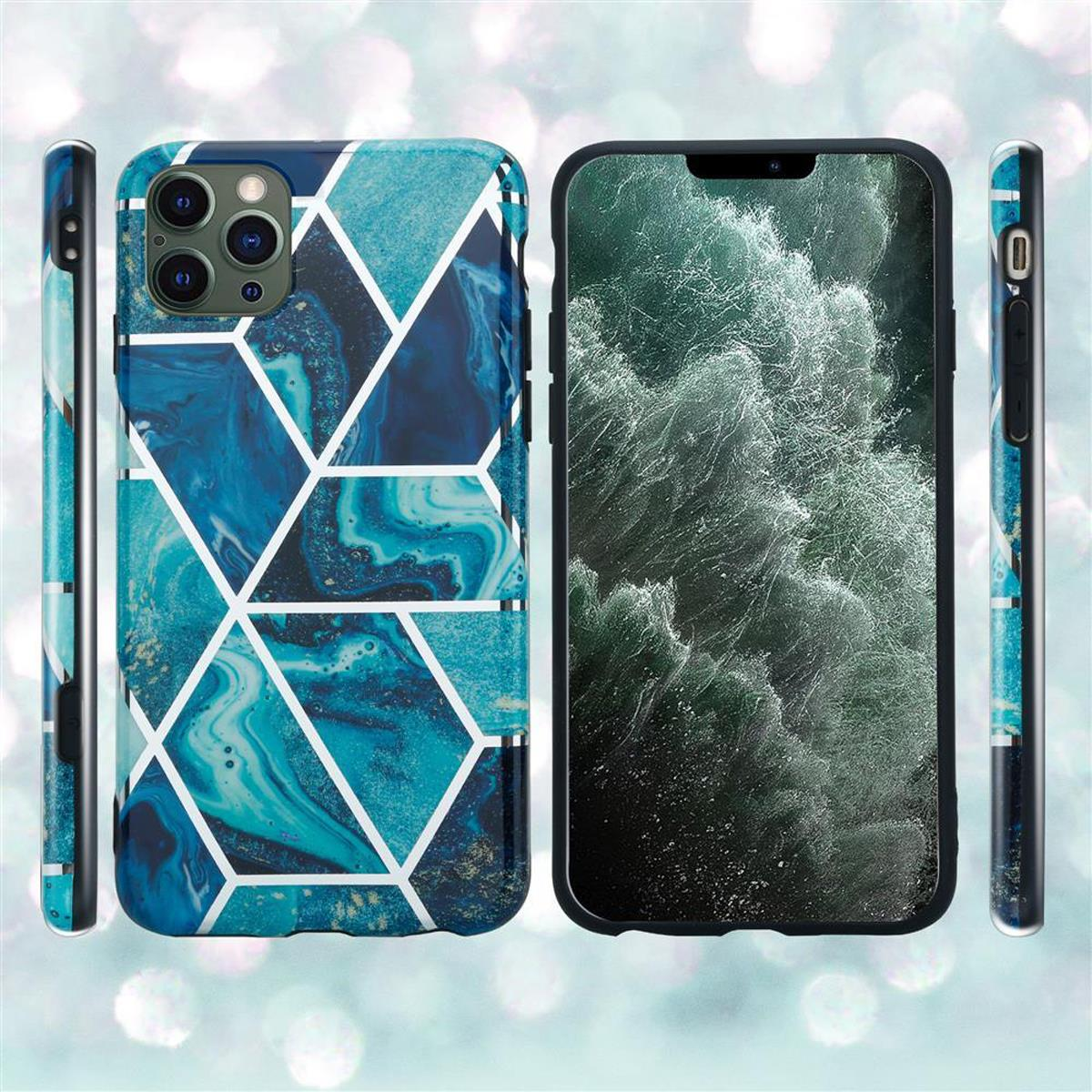 Zwei Telefone mit Hüllen. Eines hat ein blaues Marmordesign, das andere eine transparente Hülle. Seiten sichtbar.
