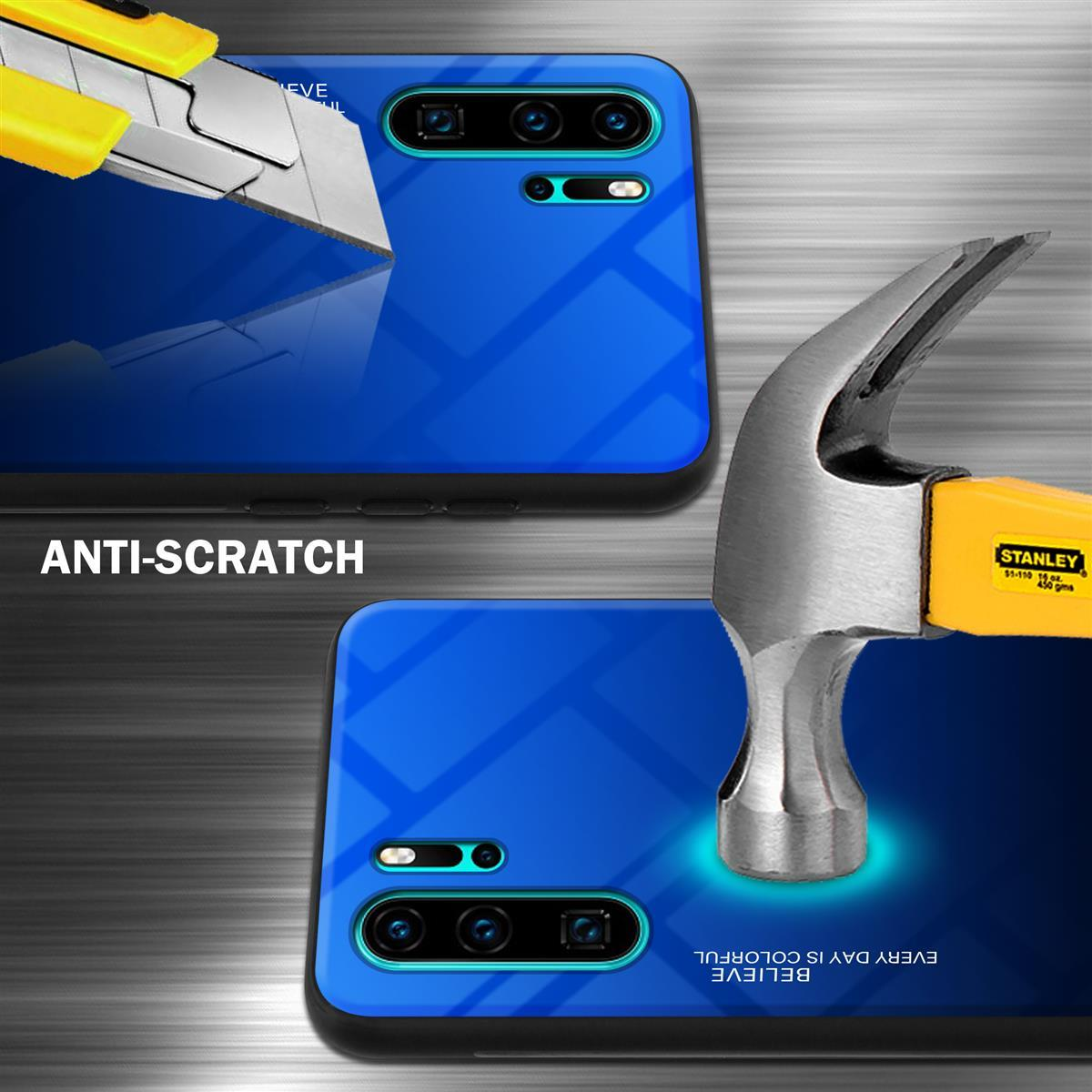 Handyhülle mit blauem Rücken, getestet mit Cutter und Hammer. Anti-Kratzer-Text.