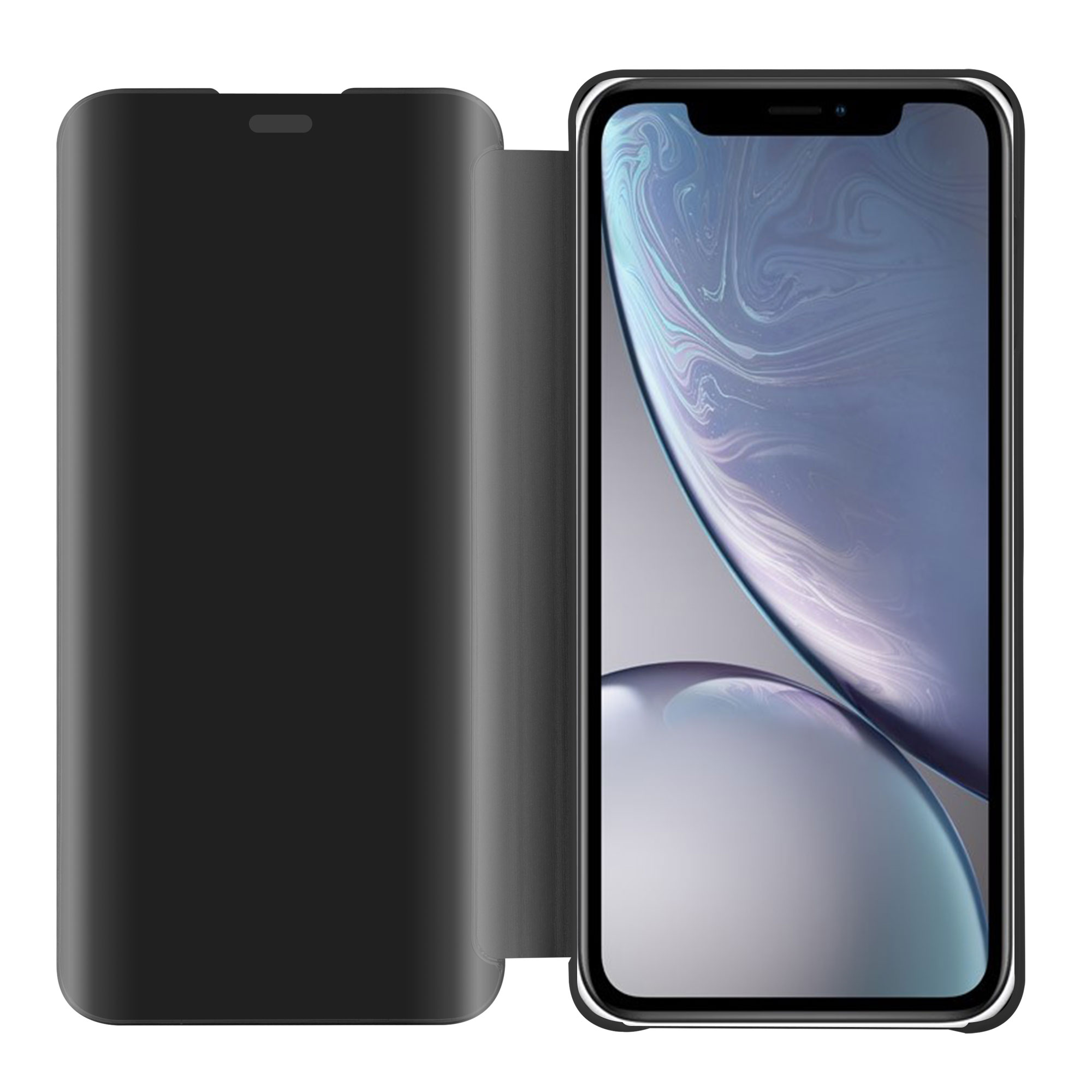 Schwarze Handyhülle mit geöffneter Klappe, die den Telefonbildschirm zeigt. Das Telefon hat einen schwarzen Rahmen und einen weißen Hintergrund.