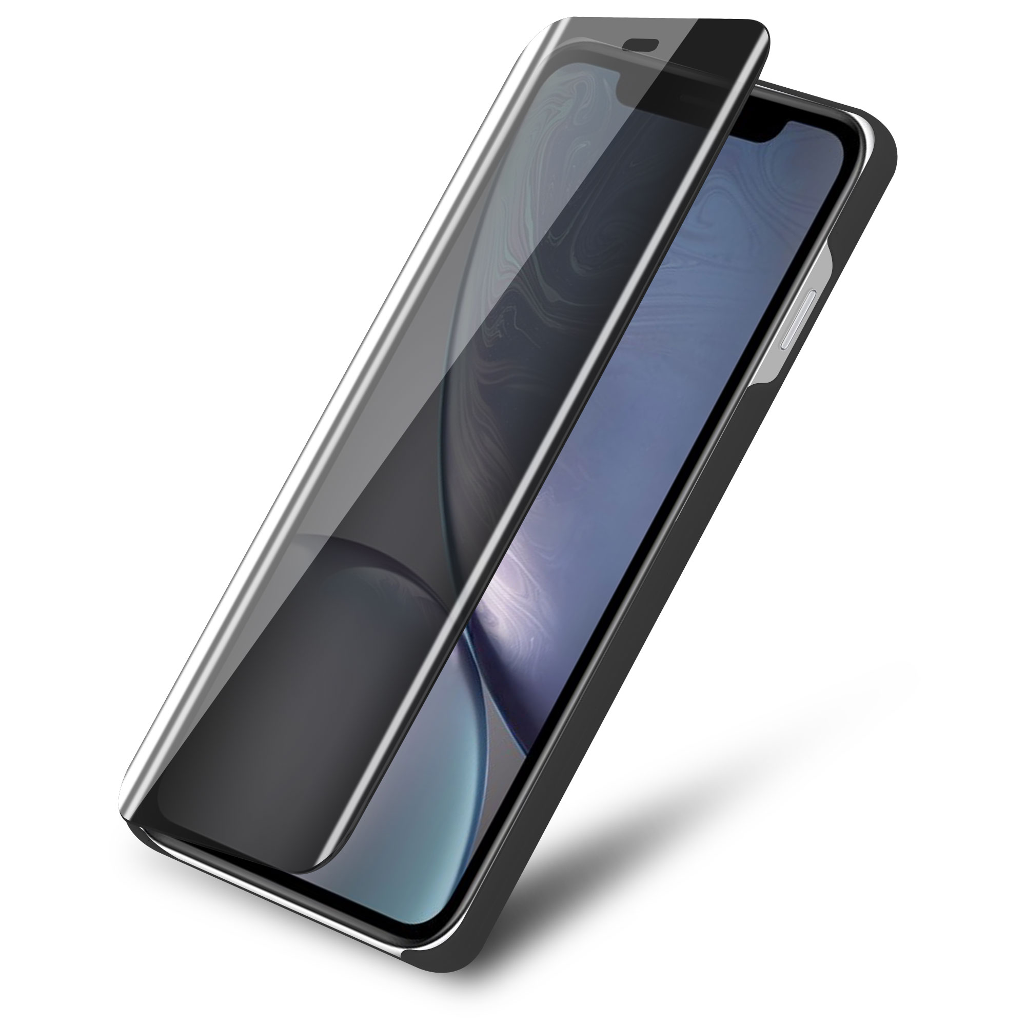 Ein Telefon mit Displayschutz. Der Schutz ist halb geöffnet. Das Telefon ist schwarz.