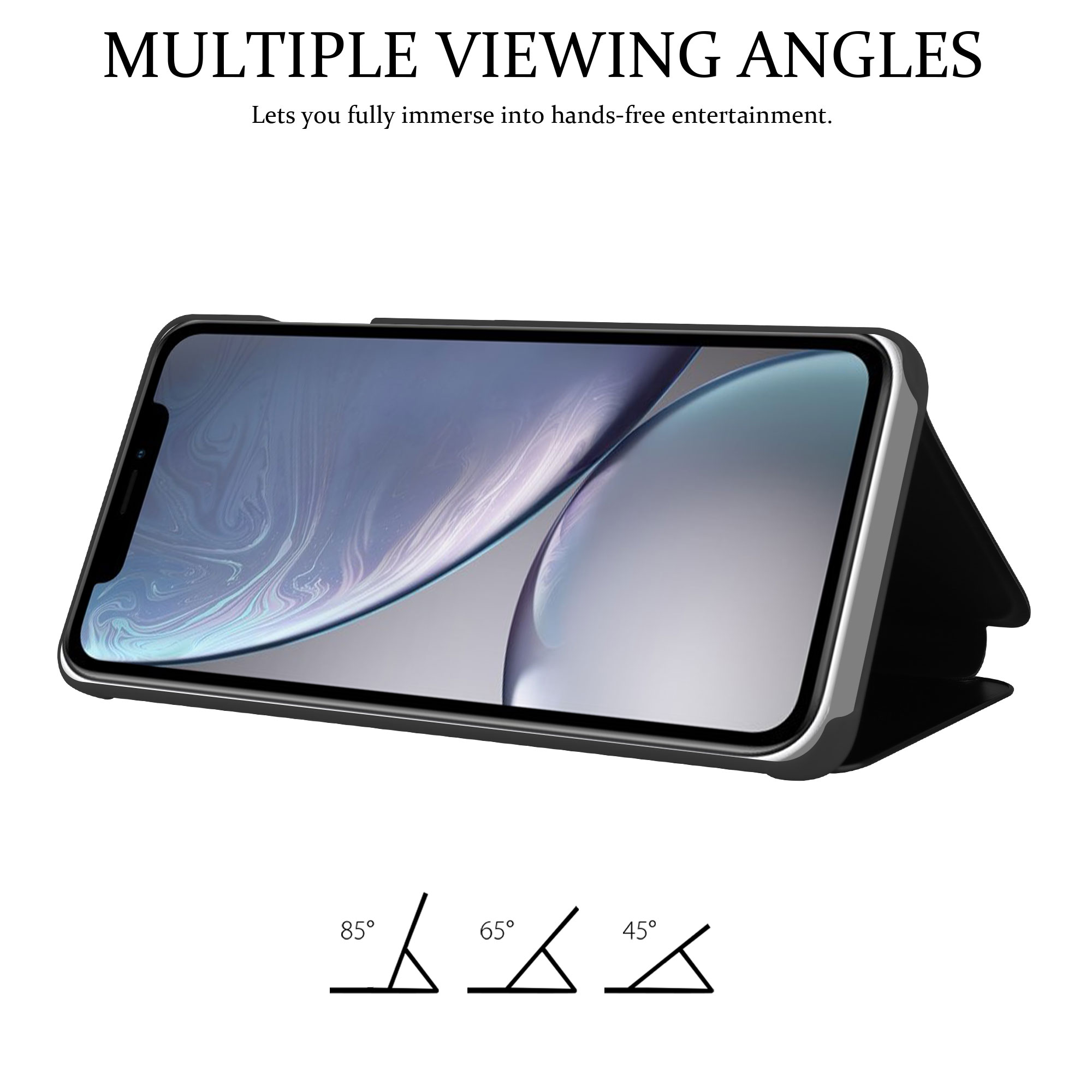 Telefon in einem Ständer mit mehreren Betrachtungswinkeln. Text: MULTIPLE VIEWING ANGLES. Freihändige Unterhaltung.