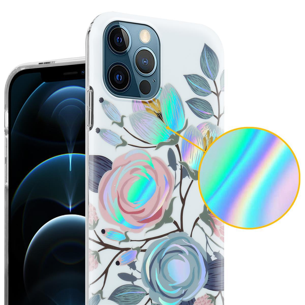 Custodia per telefono con design floreale e un primo piano di un effetto olografico.