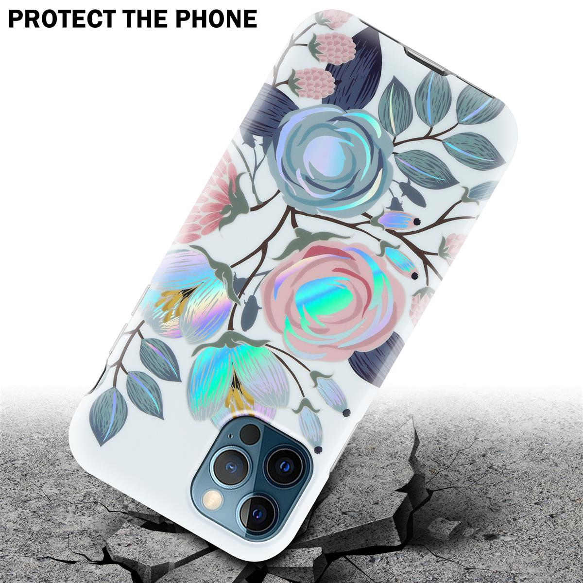 Telefono con schermo blu e custodia. La custodia ha motivi floreali ed è bianca.