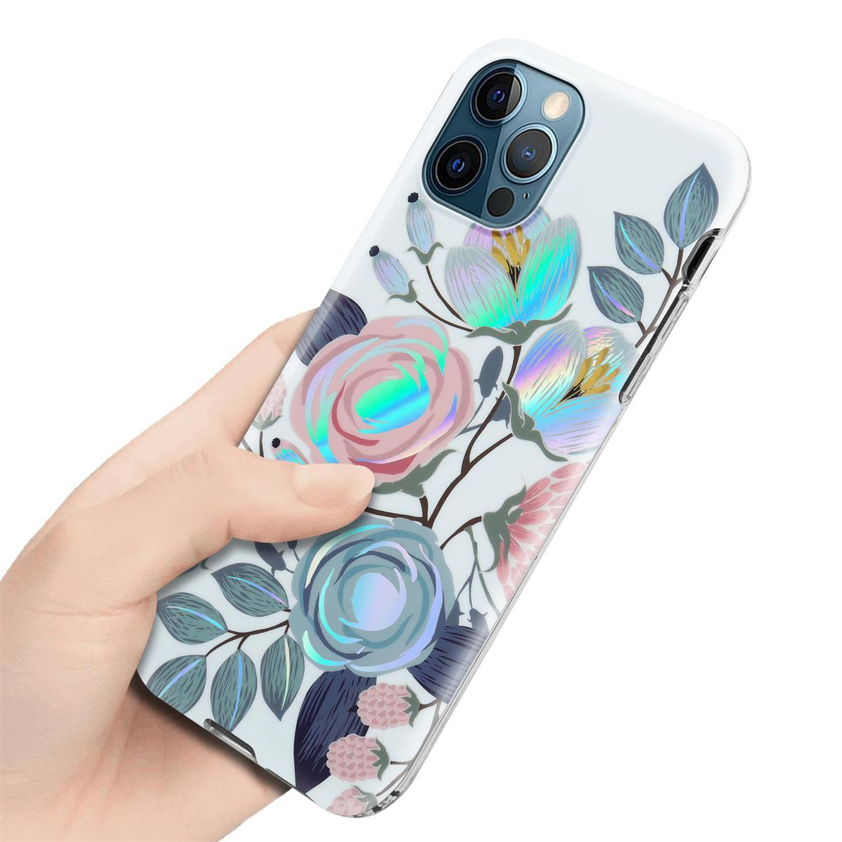 Mano che tiene un telefono con custodia dal design floreale. Fiori rosa, blu e bianchi.