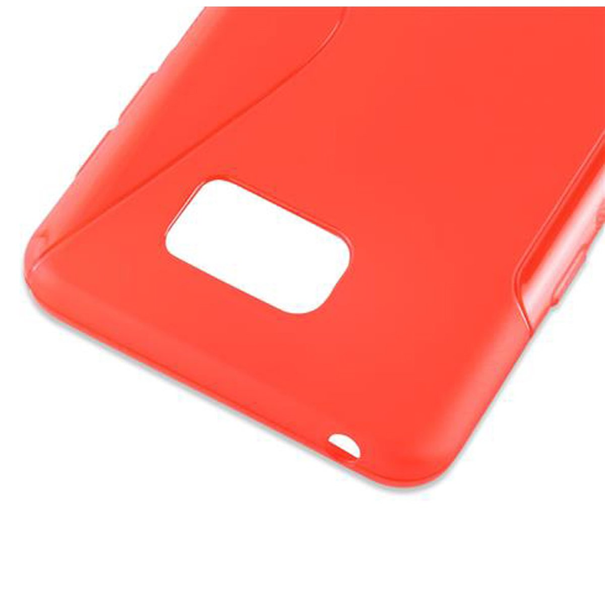 Custodia rossa per telefono con fori per fotocamera e pulsanti.