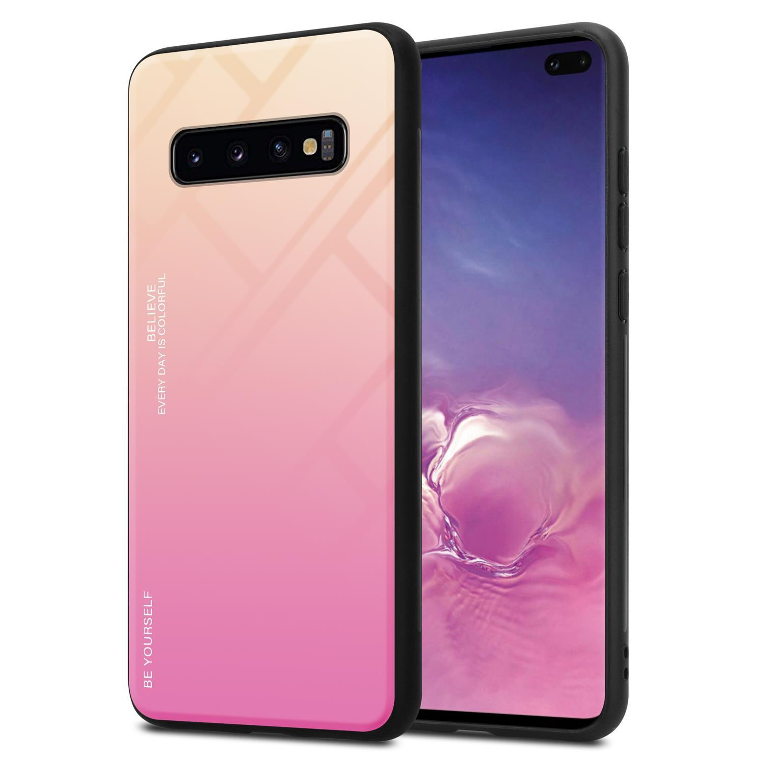 Ein Telefon mit rosa-gelbem Farbverlauf-Gehäuse und schwarzen Kanten, von hinten gesehen.