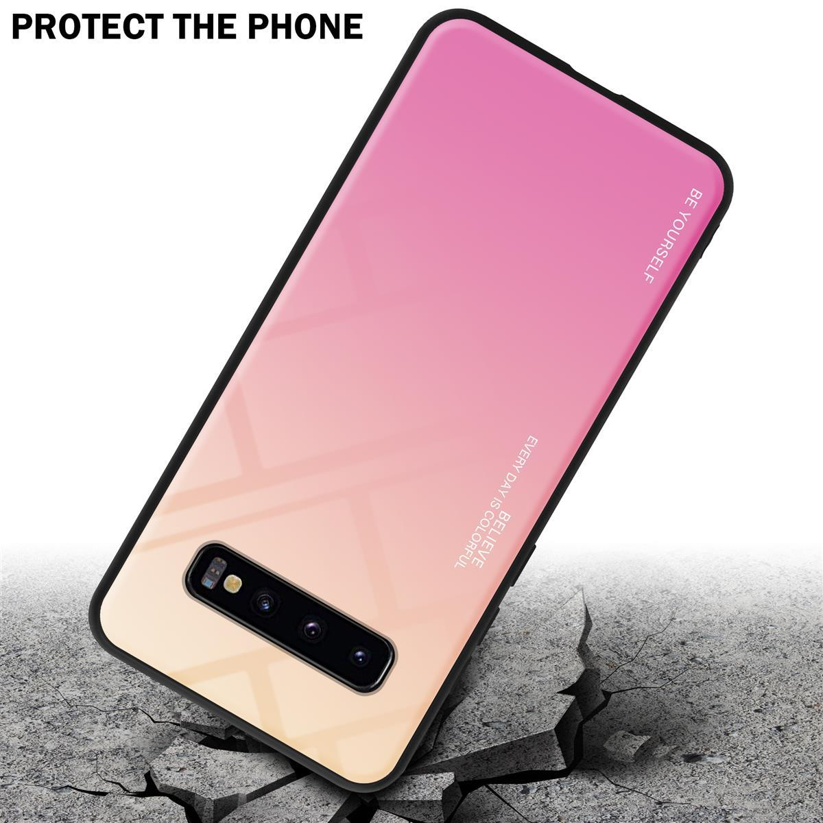 Telefon mit pink-gelbem Farbverlauf. Text: 'Protect the Phone'. Telefon steht auf rissiger Oberfläche.