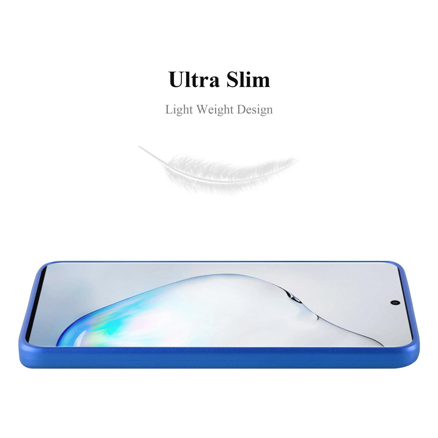 Eine blaue Handyhülle wird gezeigt, mit dem Text 'Ultra Slim' und 'Light Weight Design'. Eine weiße Feder schwebt darüber.