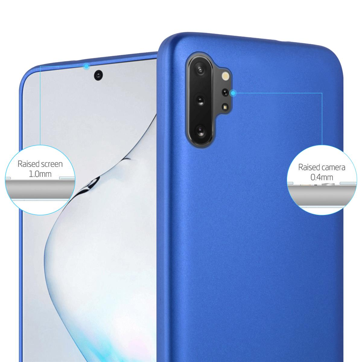 Blaue Handyhülle mit Telefon, Hervorhebung von erhöhtem Bildschirm und Kameradetails.