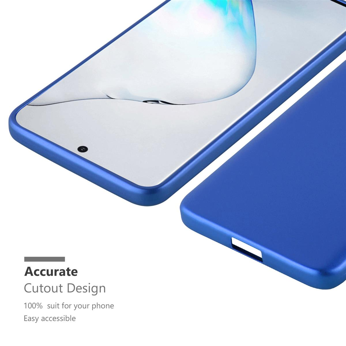Nahaufnahme einer blauen Handyhülle und eines Handybildschirms. Die Hülle ist rechts. Text: Präzises Ausschnittdesign.