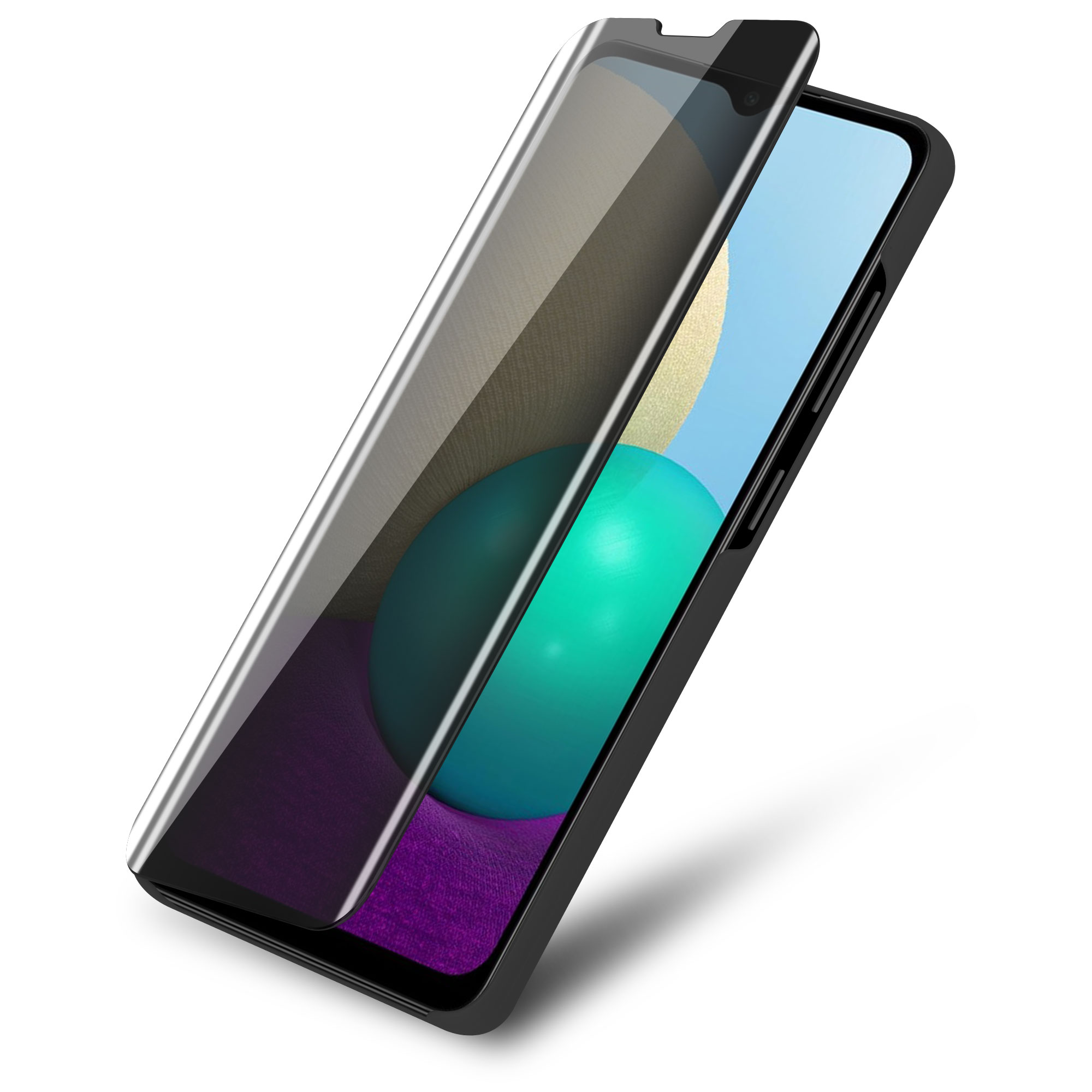 Ein Telefon mit schwarzem Rahmen und einem Sichtschutz. Das Telefon steht auf einer weißen Oberfläche.