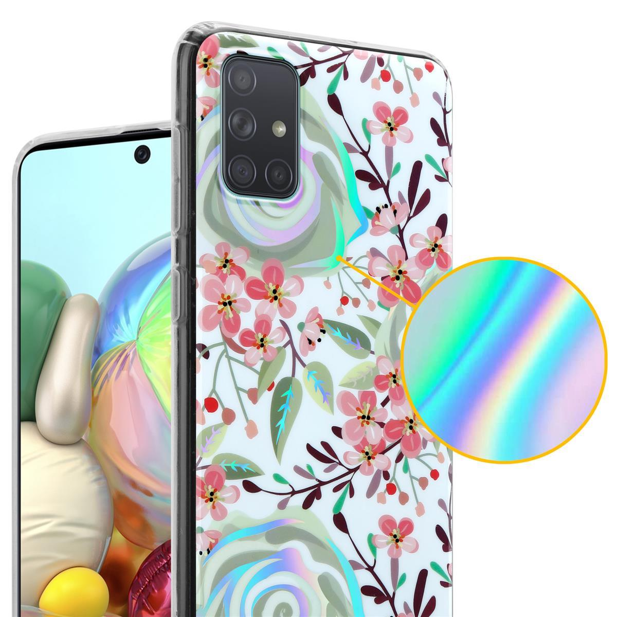 Eine Handyhülle mit floralem Design, mit rosa Blumen und grünen Blättern auf weißem Hintergrund.