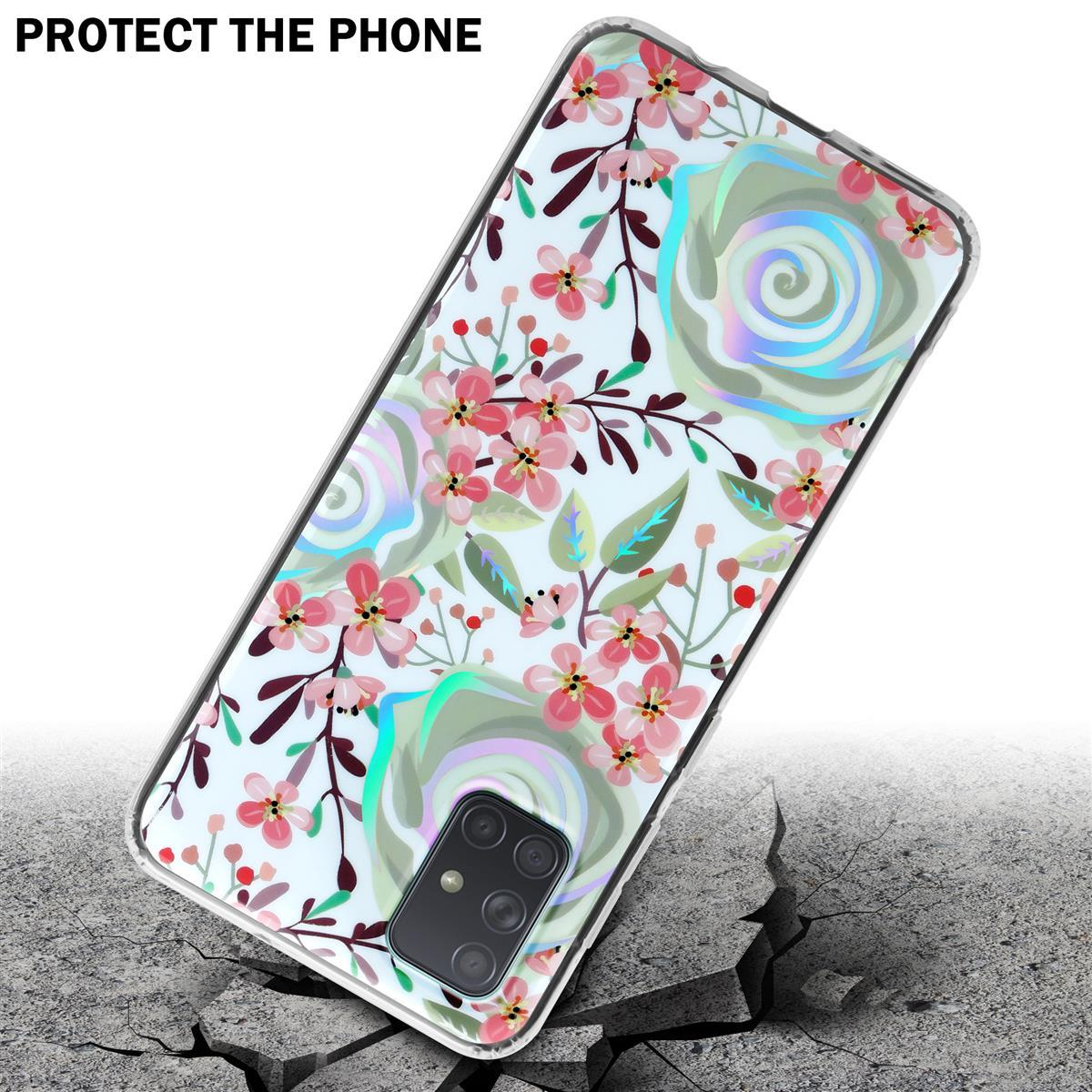 Handyhülle mit Blumen, die Hülle liegt auf einer gerissenen Oberfläche. Die Worte „PROTECT THE PHONE“ sind sichtbar.
