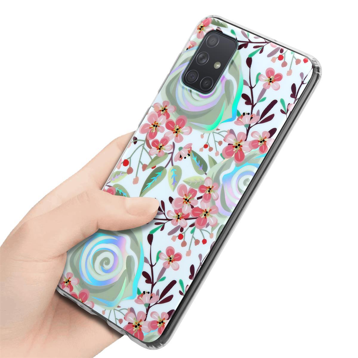 Eine Hand, die eine Handyhülle mit Blumen hält.