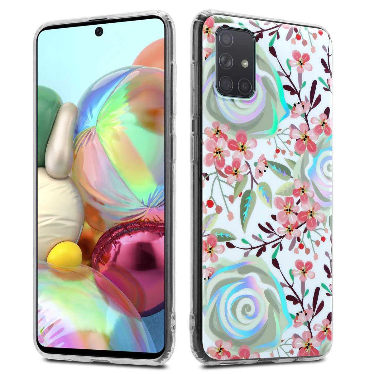 Handyhülle mit Blumendesign. Das Telefon befindet sich in einer Hülle mit hellblauem Hintergrund und rosa Blumen.