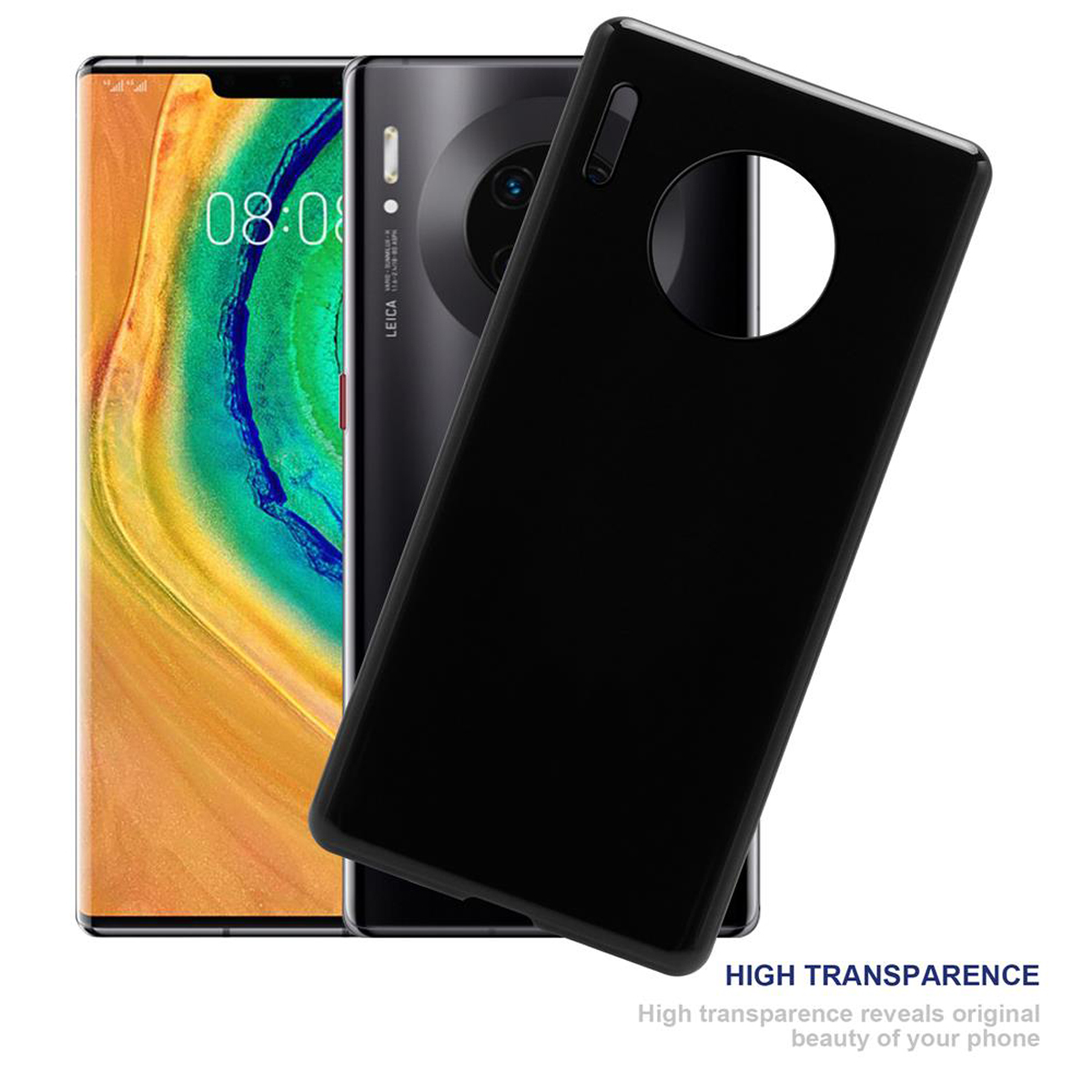 Eine schwarze Handyhülle mit einem Telefon im Inneren. Das Telefon befindet sich in vertikaler Position. Weißer Hintergrund.
