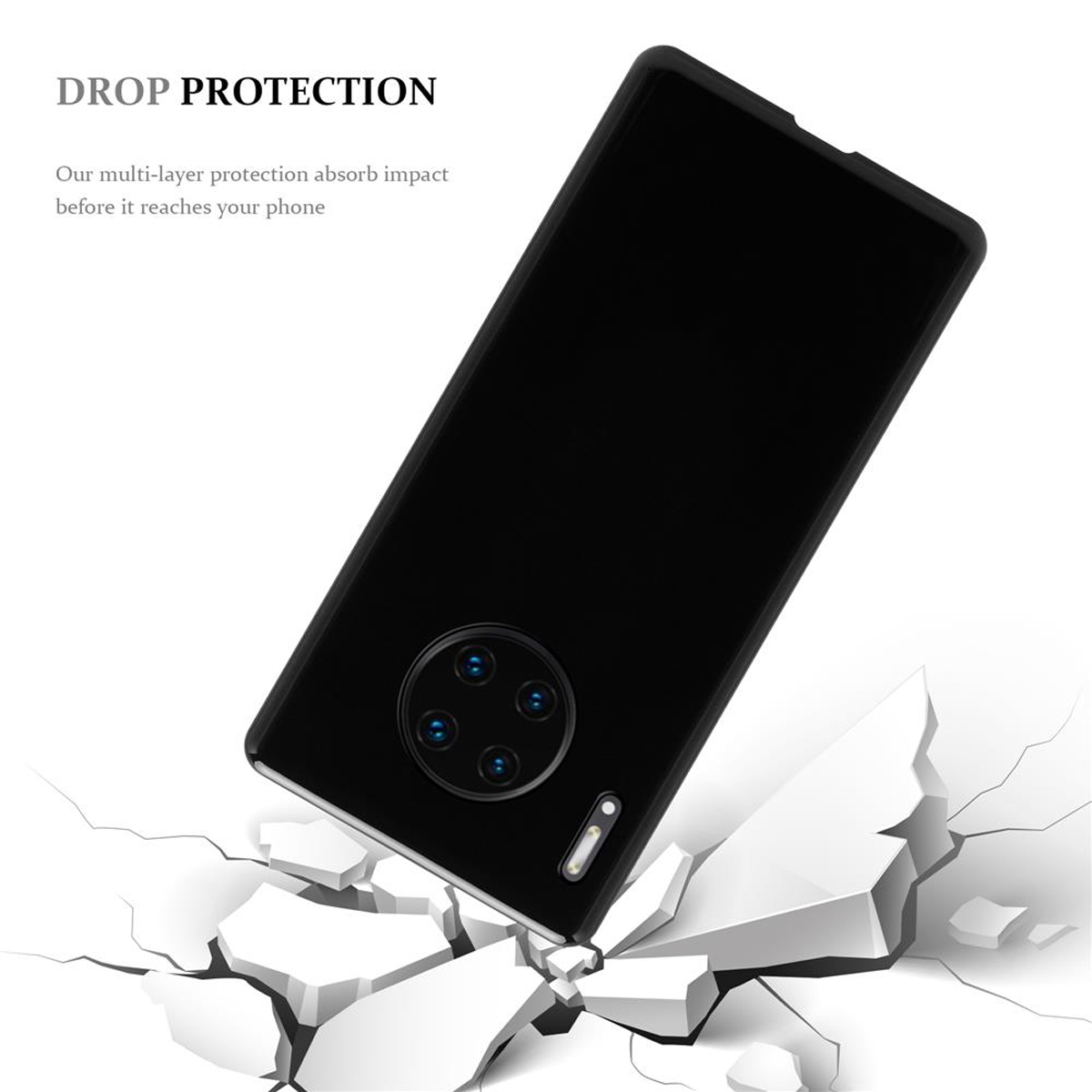 Schwarze Handyhülle auf zerbrochener Oberfläche. Text oben: 'DROP PROTECTION'.