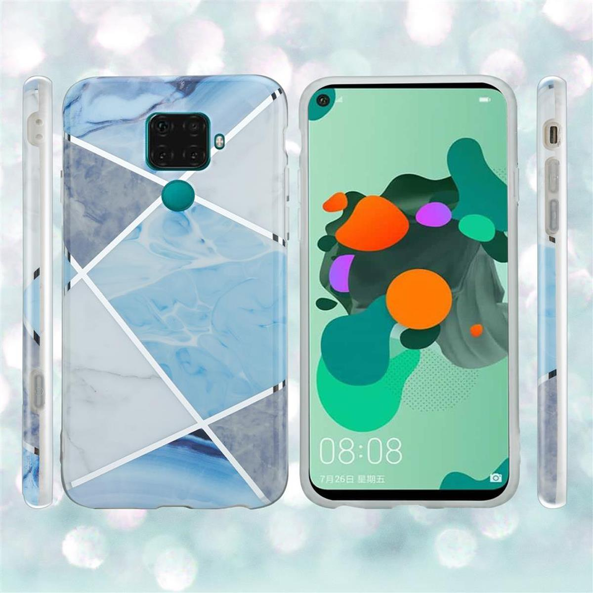 Un telefono e tre custodie. Il telefono ha un design in marmo blu. Le custodie hanno un design in marmo bianco.
