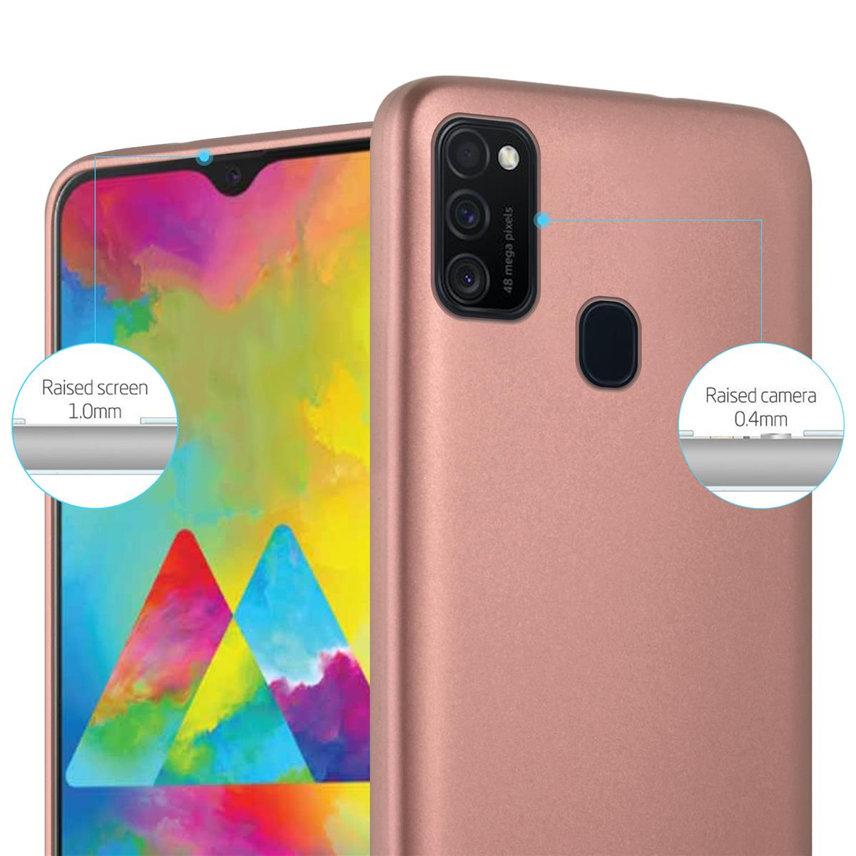 Funda de teléfono oro rosa. Cámara y pantalla elevadas. Texto: Pantalla elevada.