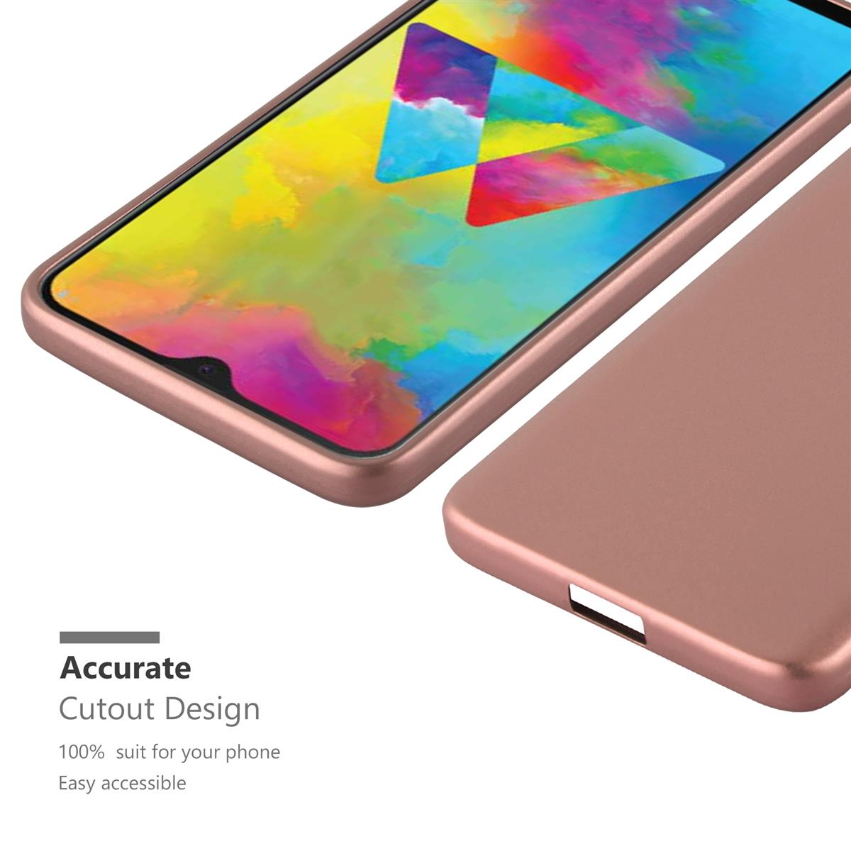Teléfono oro rosa con funda, el teléfono mira a la cámara. Texto: Accurate Cutout Design.