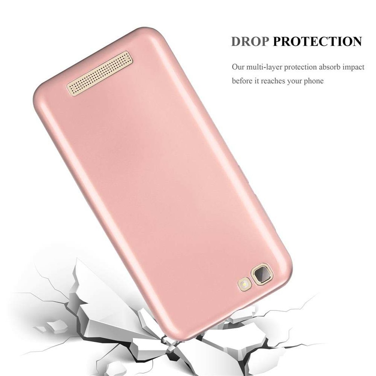 Viene mostrata una custodia per telefono rosa. La custodia sta cadendo. Una superficie bianca si sta rompendo sotto.